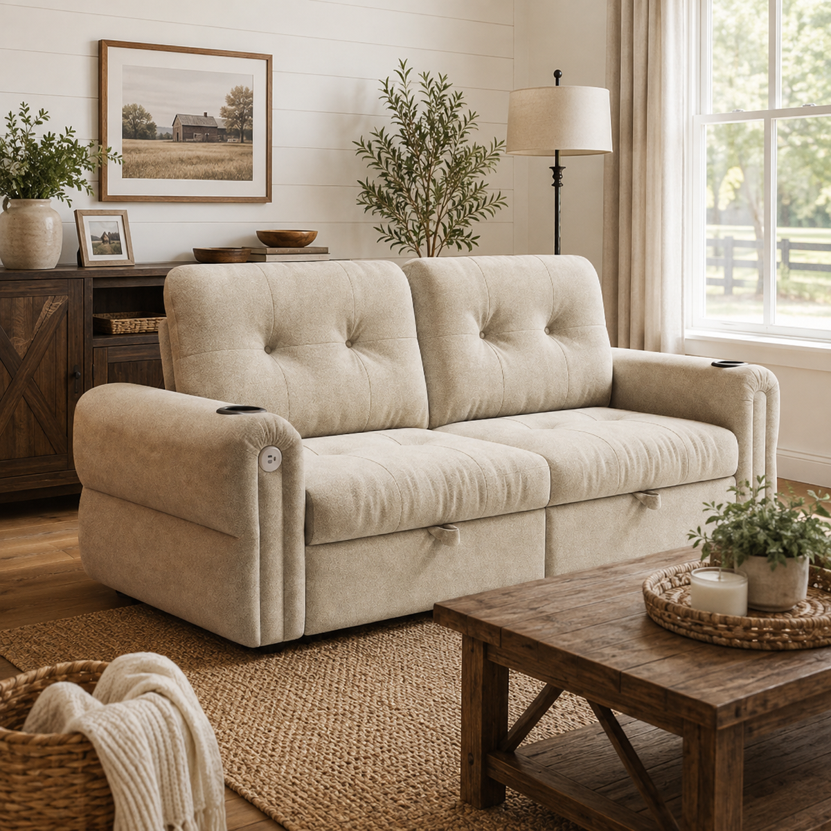 Somerset beige chenille pull-out sofa bed styled in a warm living room