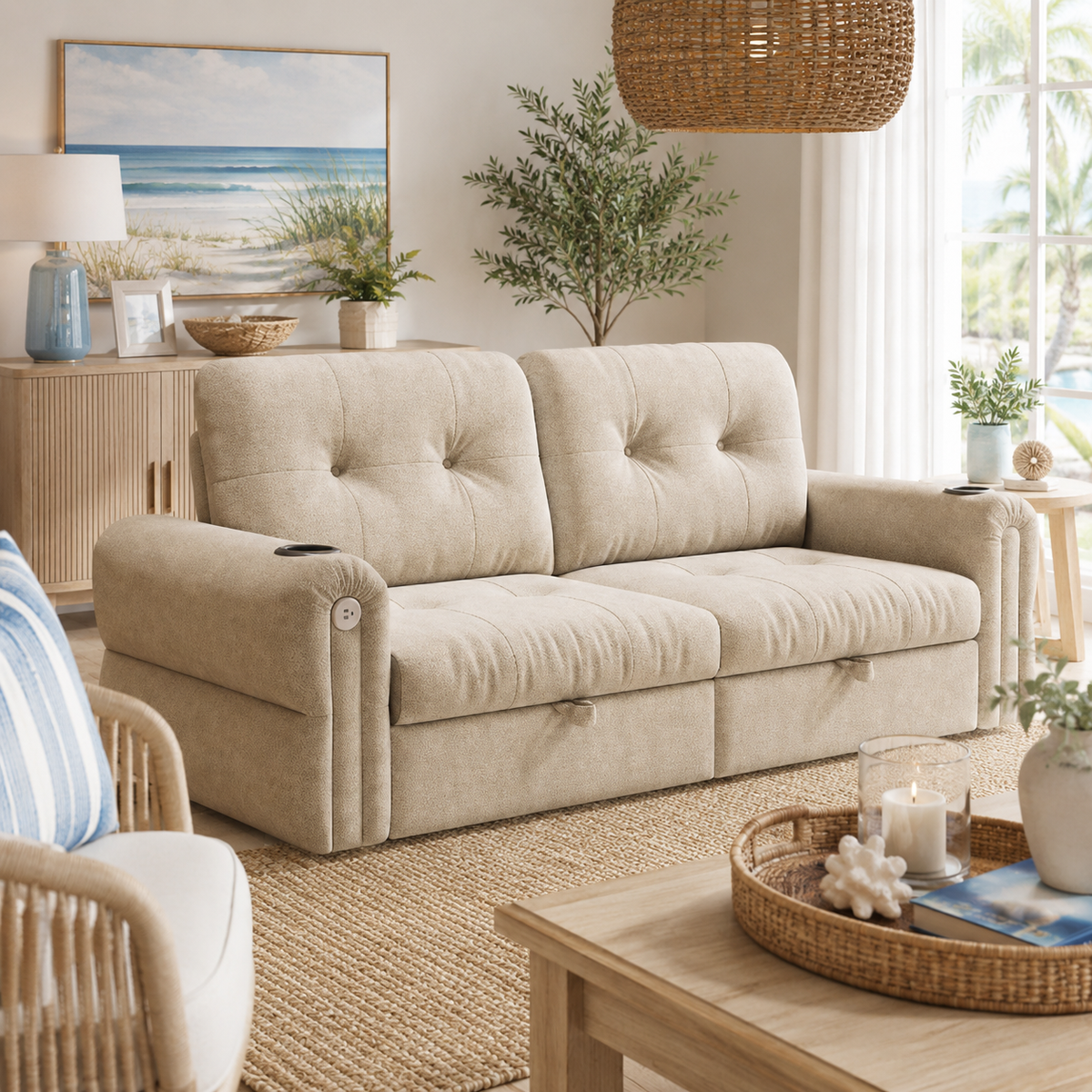 Somerset beige pull-out sofa bed shown with sleeper extended in a bright living room