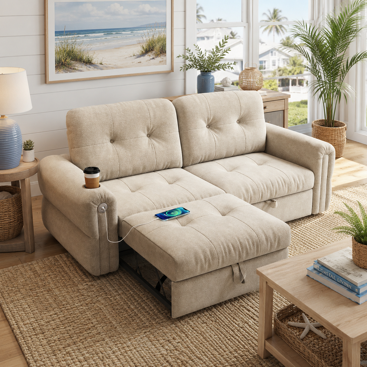 Somerset beige chenille sofa bed shown in sofa mode beside a coffee table