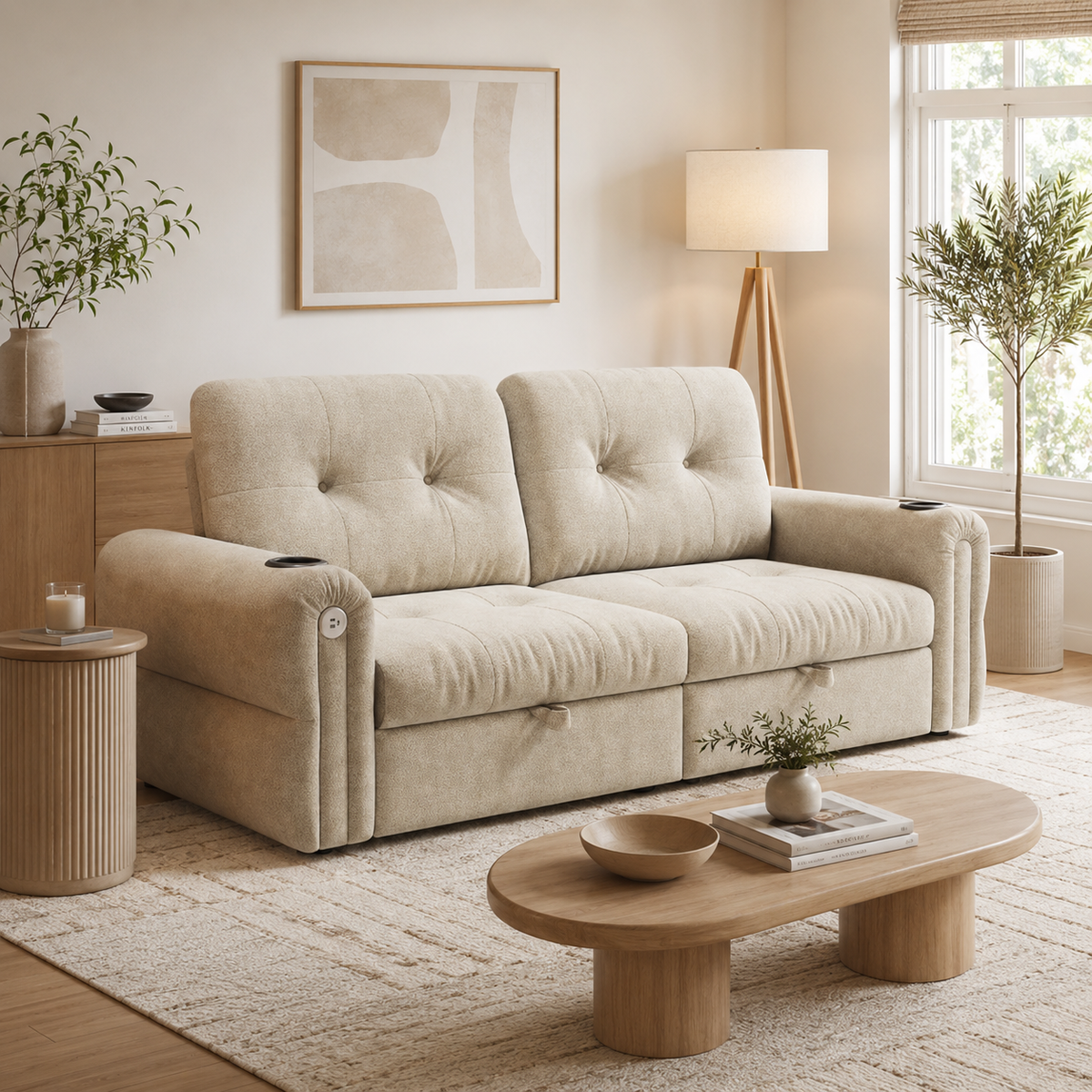 Somerset beige pull-out sofa bed styled in a neutral modern living space
