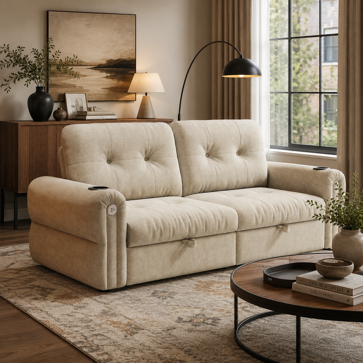 Somerset beige convertible sofa bed shown in sleeper mode in a living room