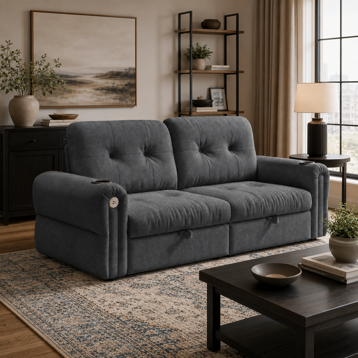 Somerset gray chenille pull-out sofa bed styled in a bright living room
