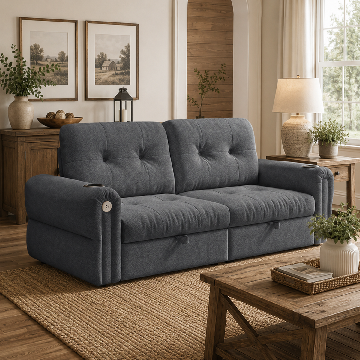 Somerset gray pull-out sofa bed shown in sofa mode beside a coffee table