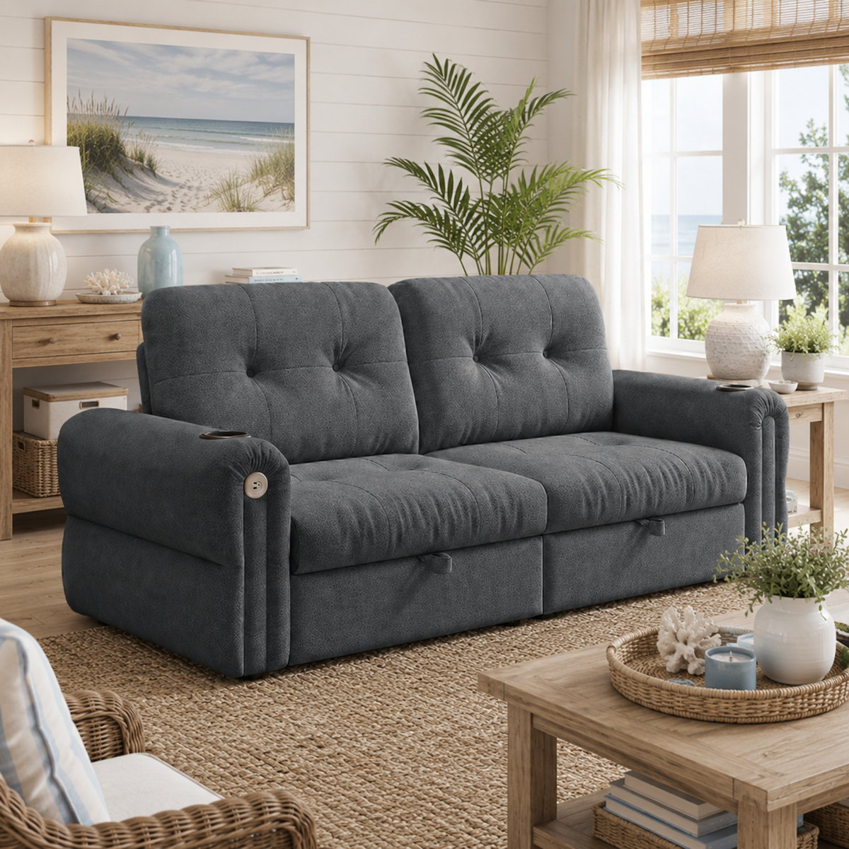 Somerset gray convertible sofa bed shown with sleeper extended in a living room
