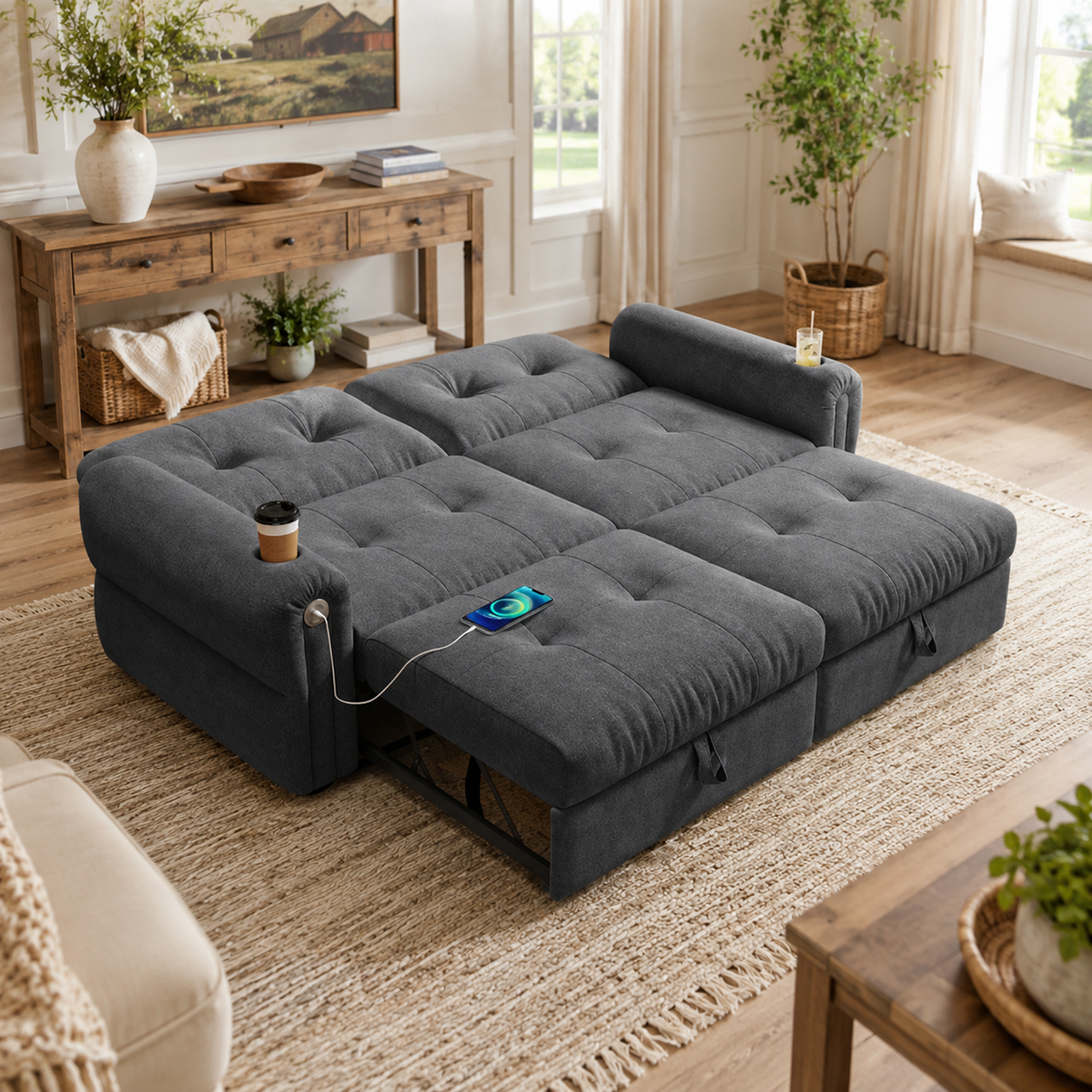 Somerset gray chenille sofa bed styled in a contemporary neutral interior