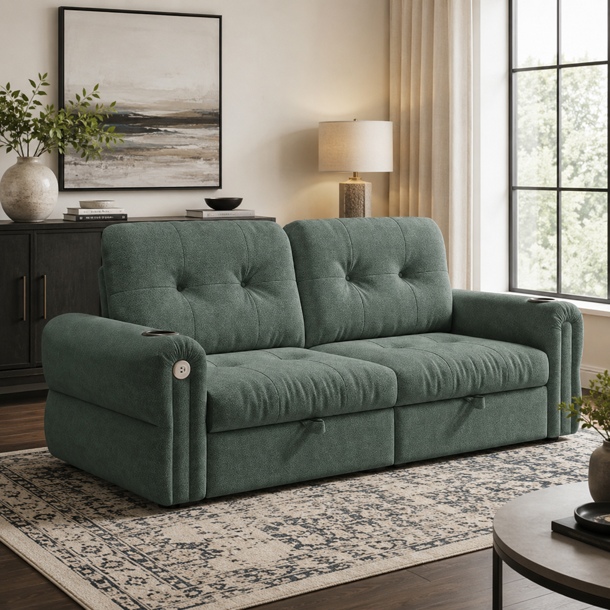 Somerset green chenille pull-out sofa bed styled in a modern living room