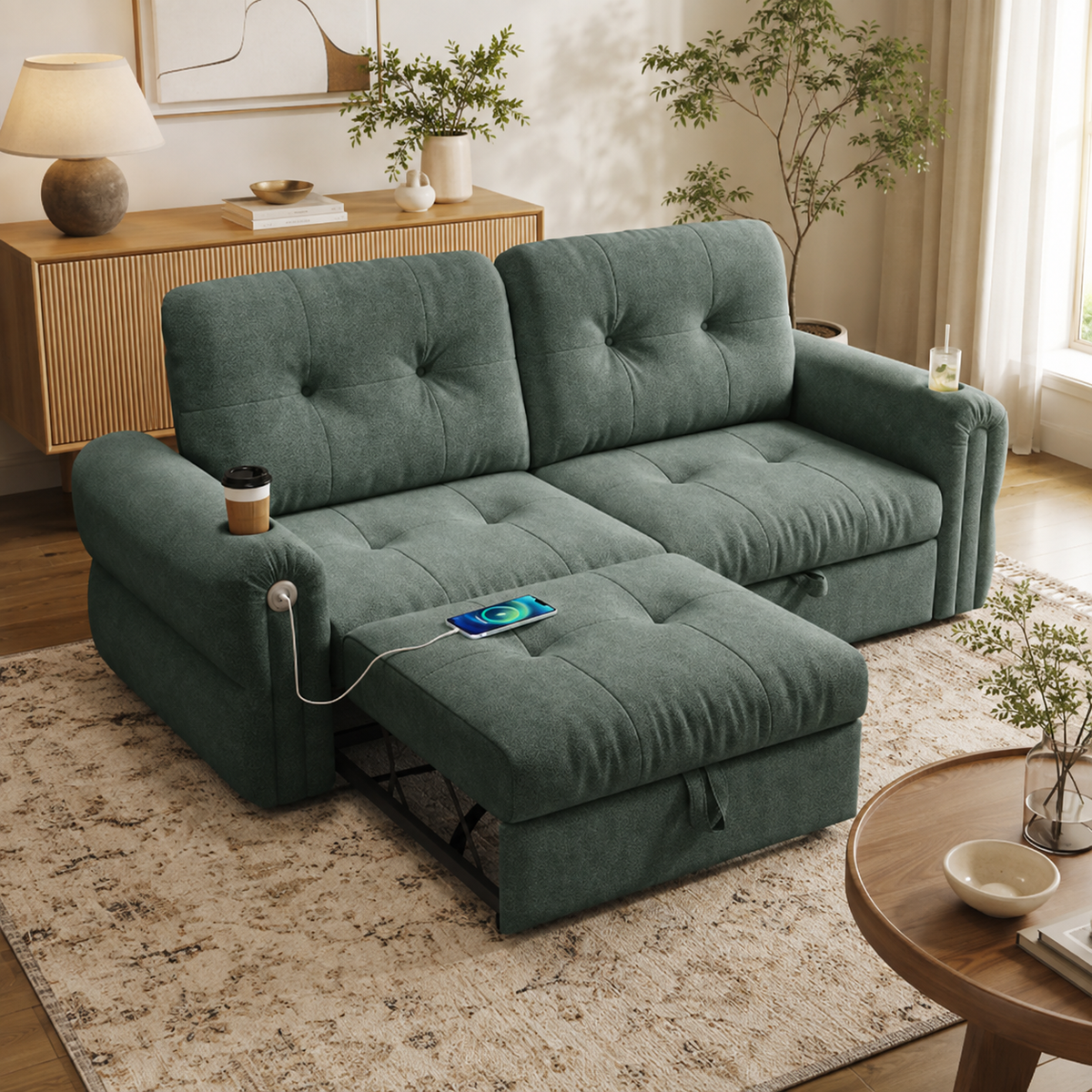 Somerset green pull-out sofa bed shown with sleeper extended in a bright room