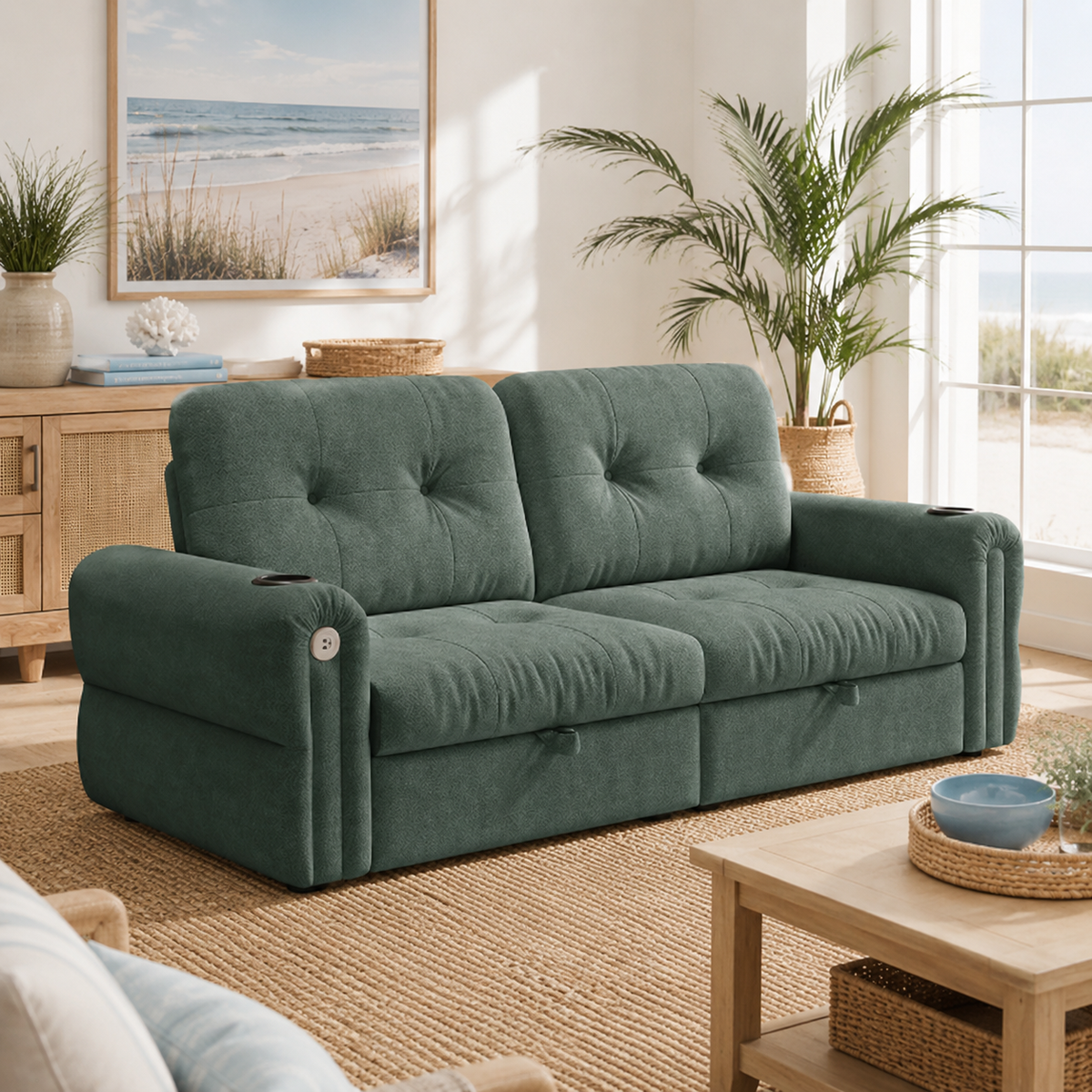 Somerset green chenille sofa bed shown in sofa mode in a cozy living space