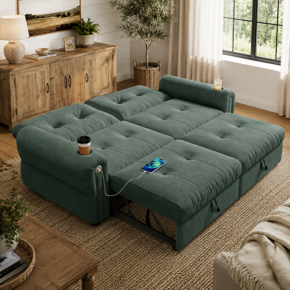 Somerset green convertible sofa bed shown fully extended in a living room