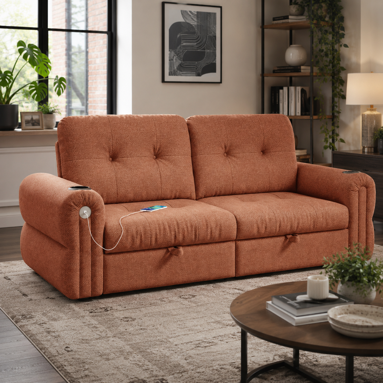 Somerset orange chenille pull-out sofa bed styled in a warm living room