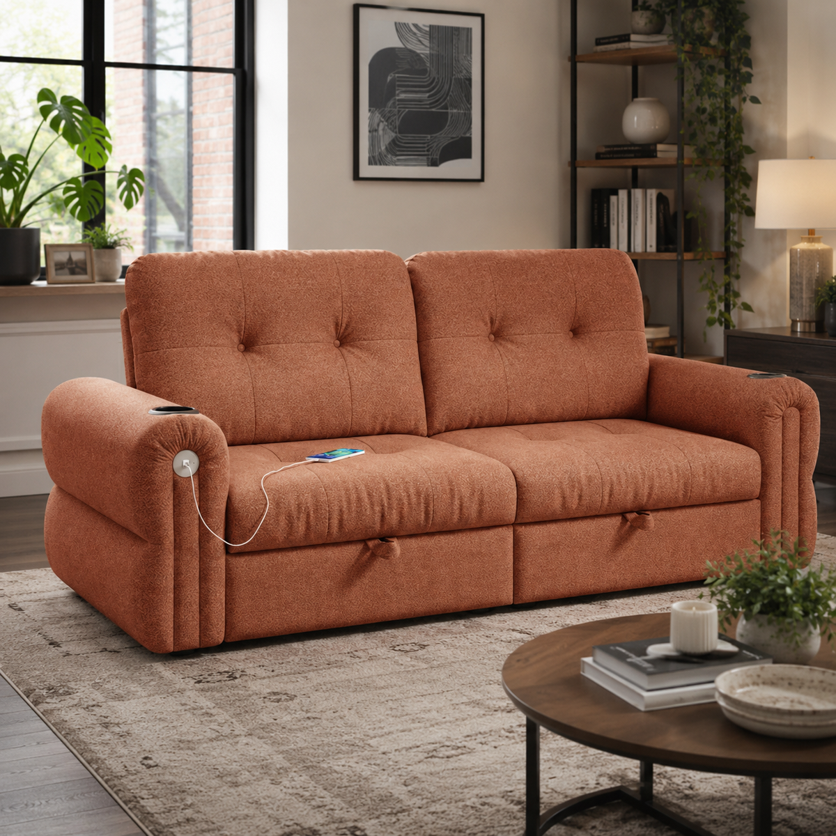 Somerset orange chenille pull-out sofa bed styled in a warm living room
