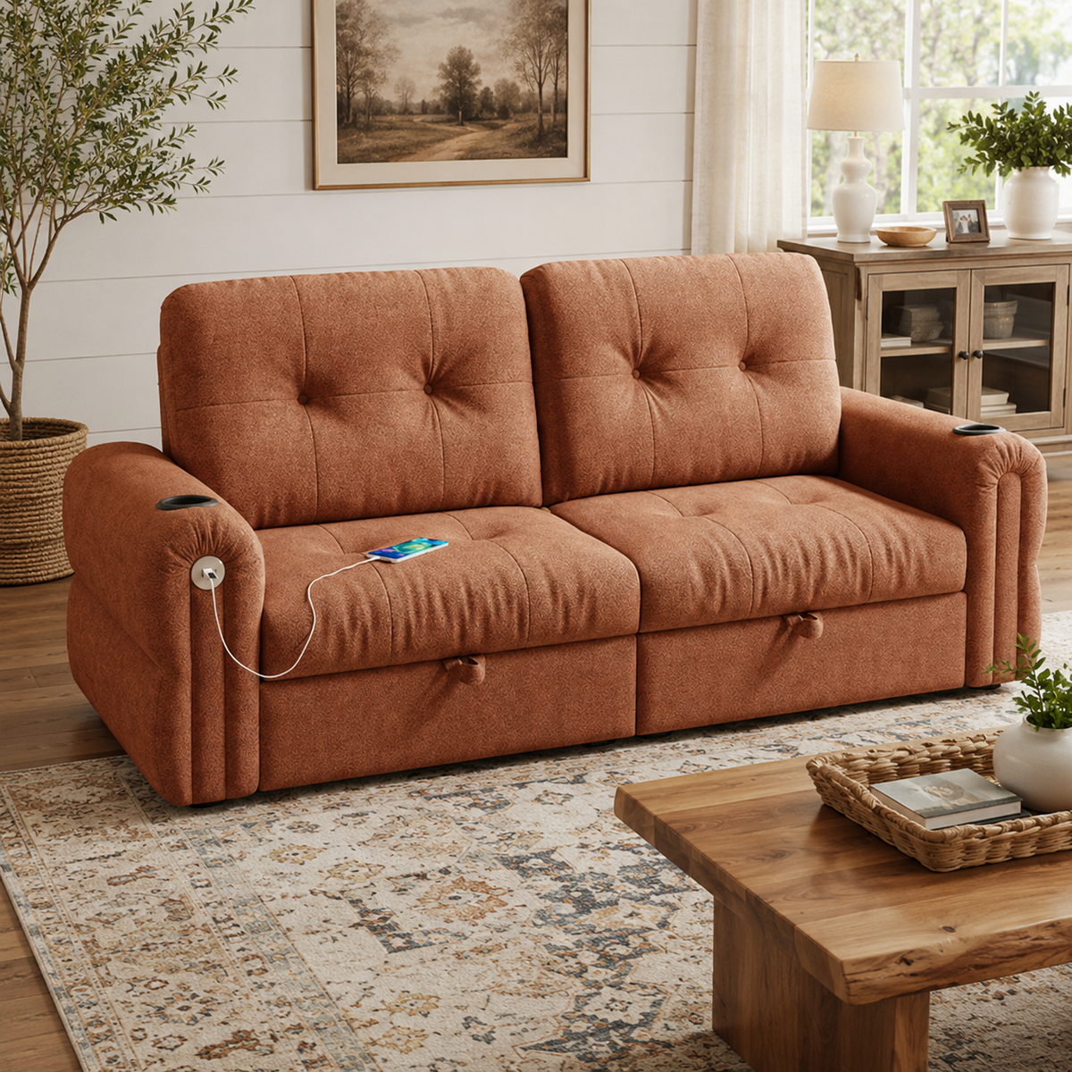 Somerset orange sofa bed shown in sofa mode in a bright living space