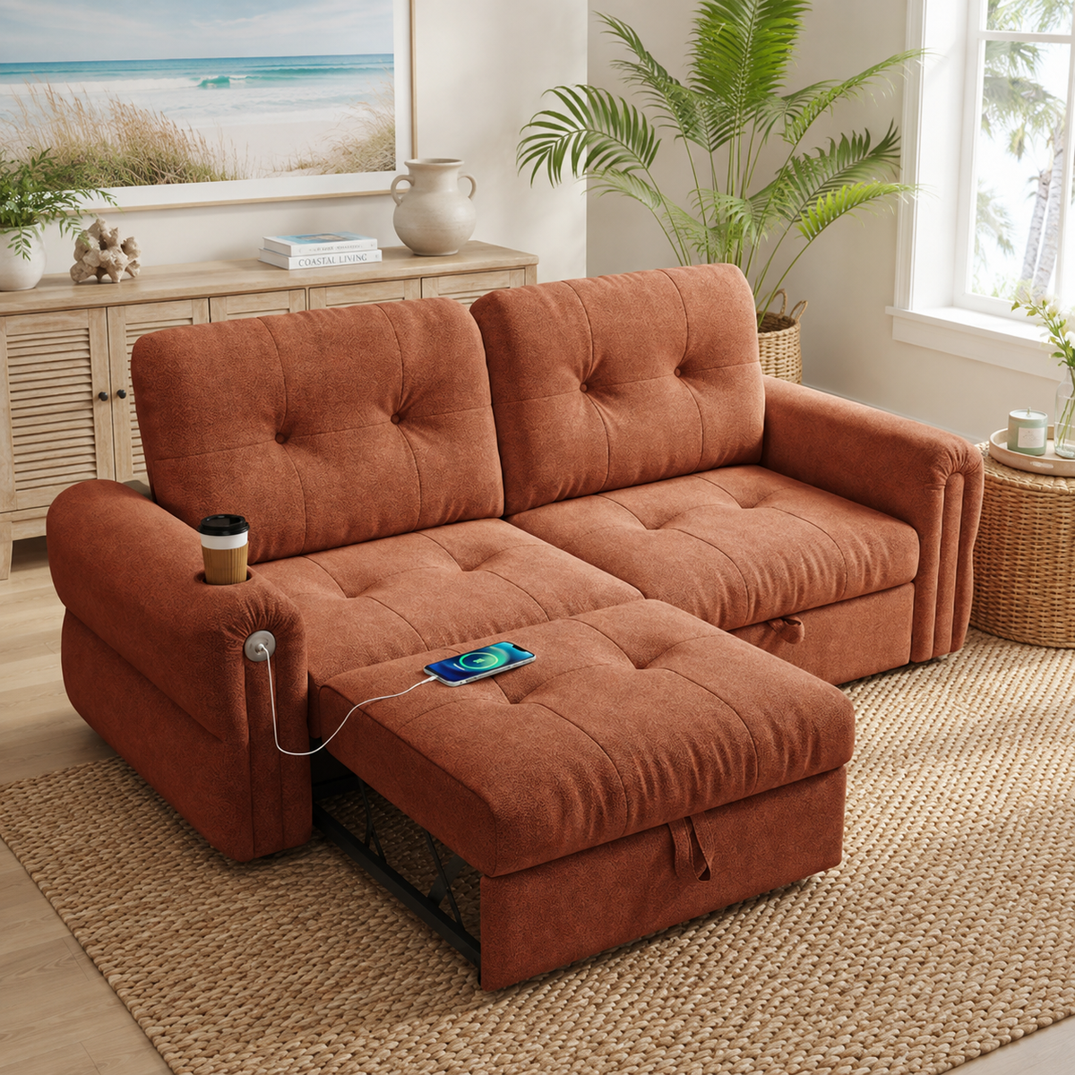 Somerset orange pull-out sofa bed shown with sleeper partially extended