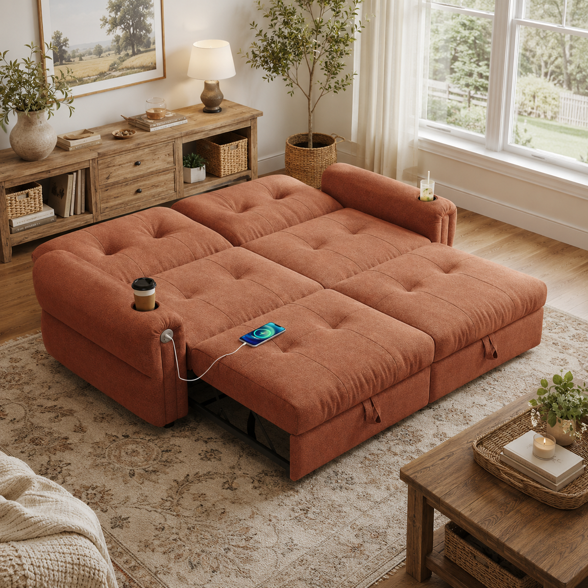 Somerset orange convertible sofa bed shown fully extended in a living room