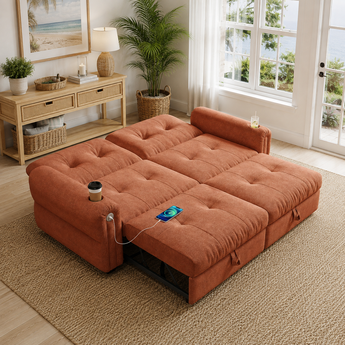 Somerset orange chenille sofa bed shown in sleeper mode from an angled view