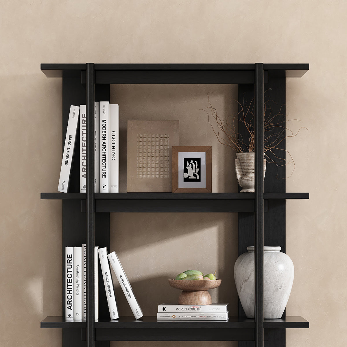 Sonnet black bookcase showing open shelf and frame detail