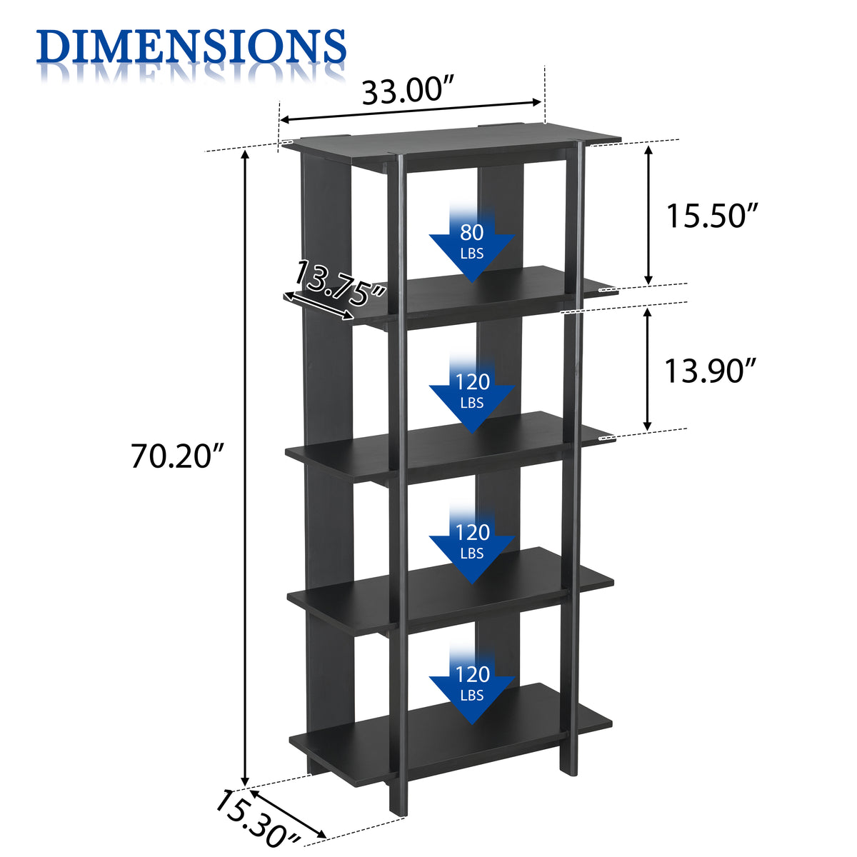 Sonnet black bookcase showing dimensions
