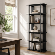Sonnet black open bookcase showing books and decor beside a desk and large window in a bright home office