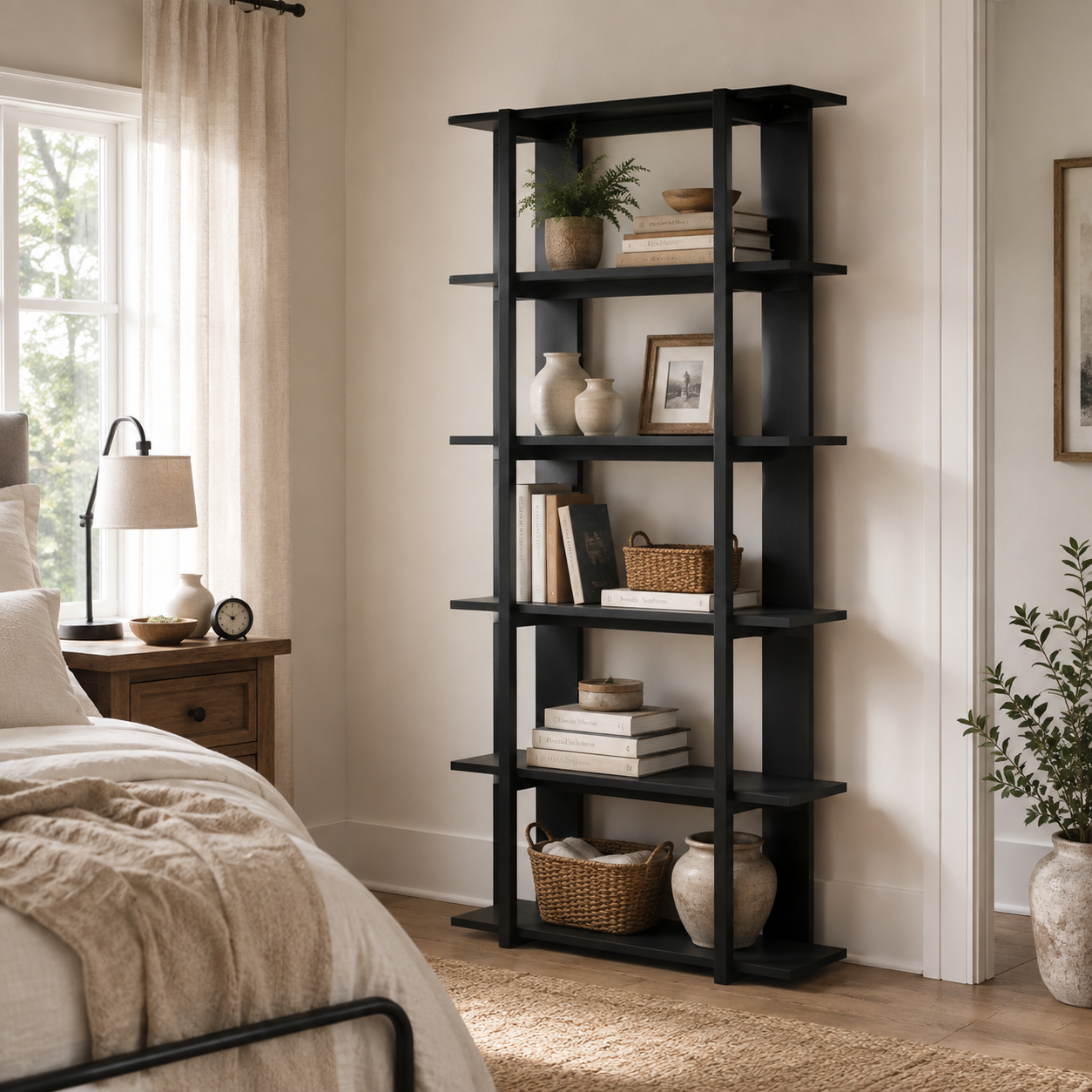 Sonnet black open bookcase showing organized open shelving beside a bed in a bright bedroom