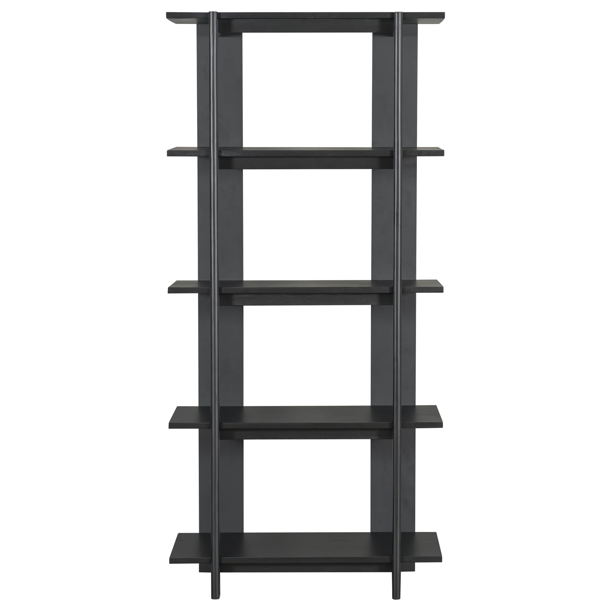 Sonnet black open bookcase showing the full front view with tall open shelves and a solid wood frame