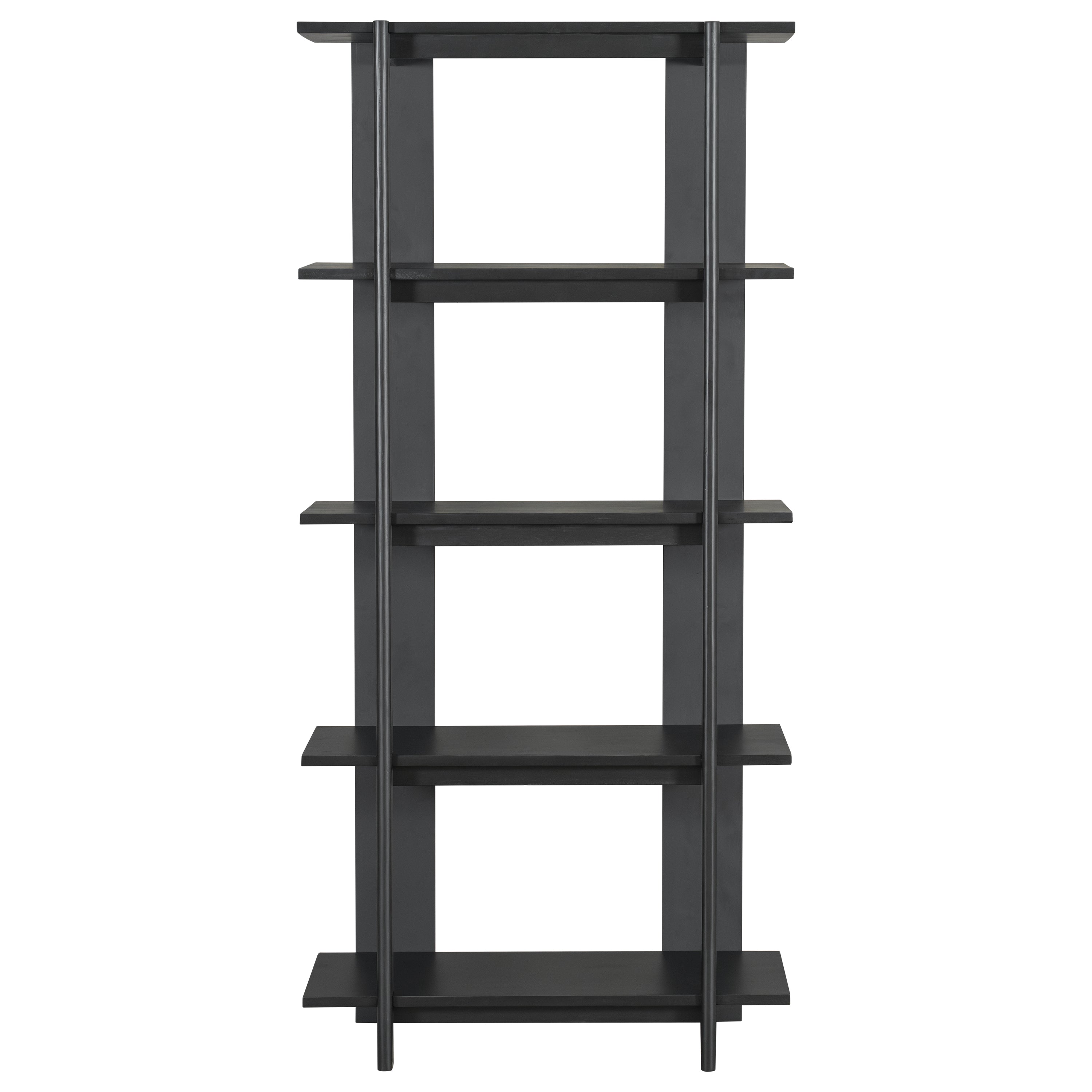 Sonnet black open bookcase showing the full front view with tall open shelves and a solid wood frame
