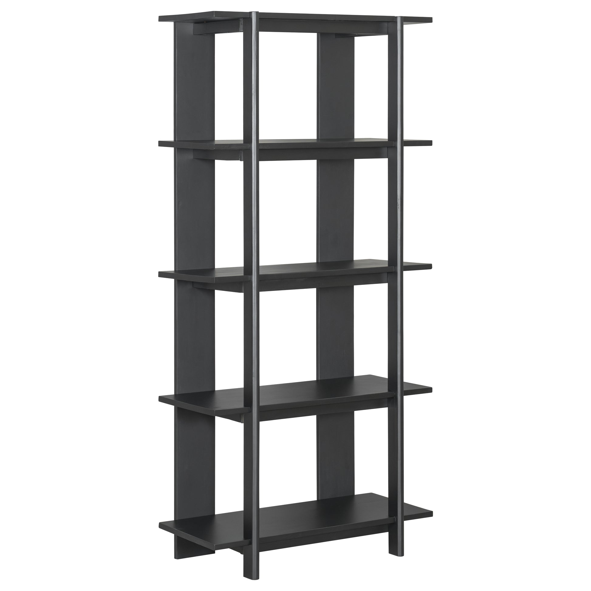 Sonnet black open bookcase showing a left angled view of the open shelves and vertical wood posts