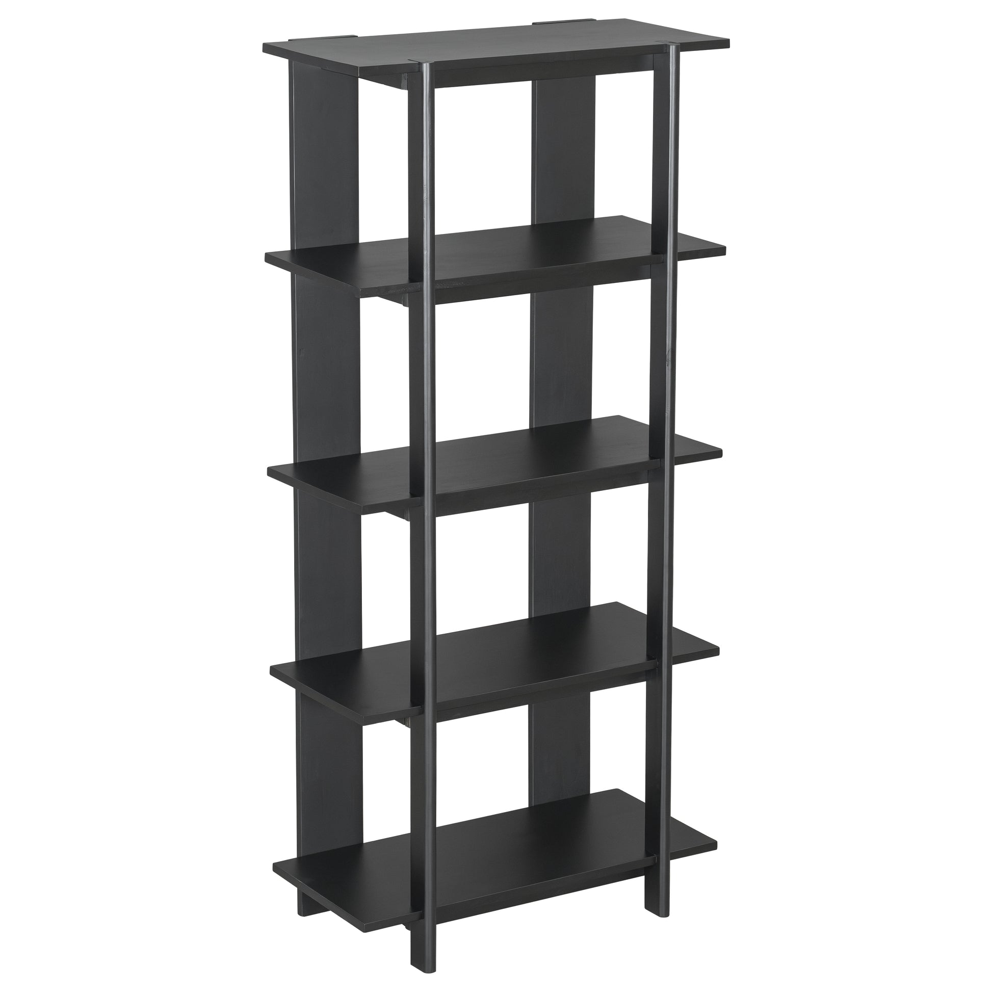 Sonnet black open bookcase showing a right angled view of the solid wood frame and open shelving