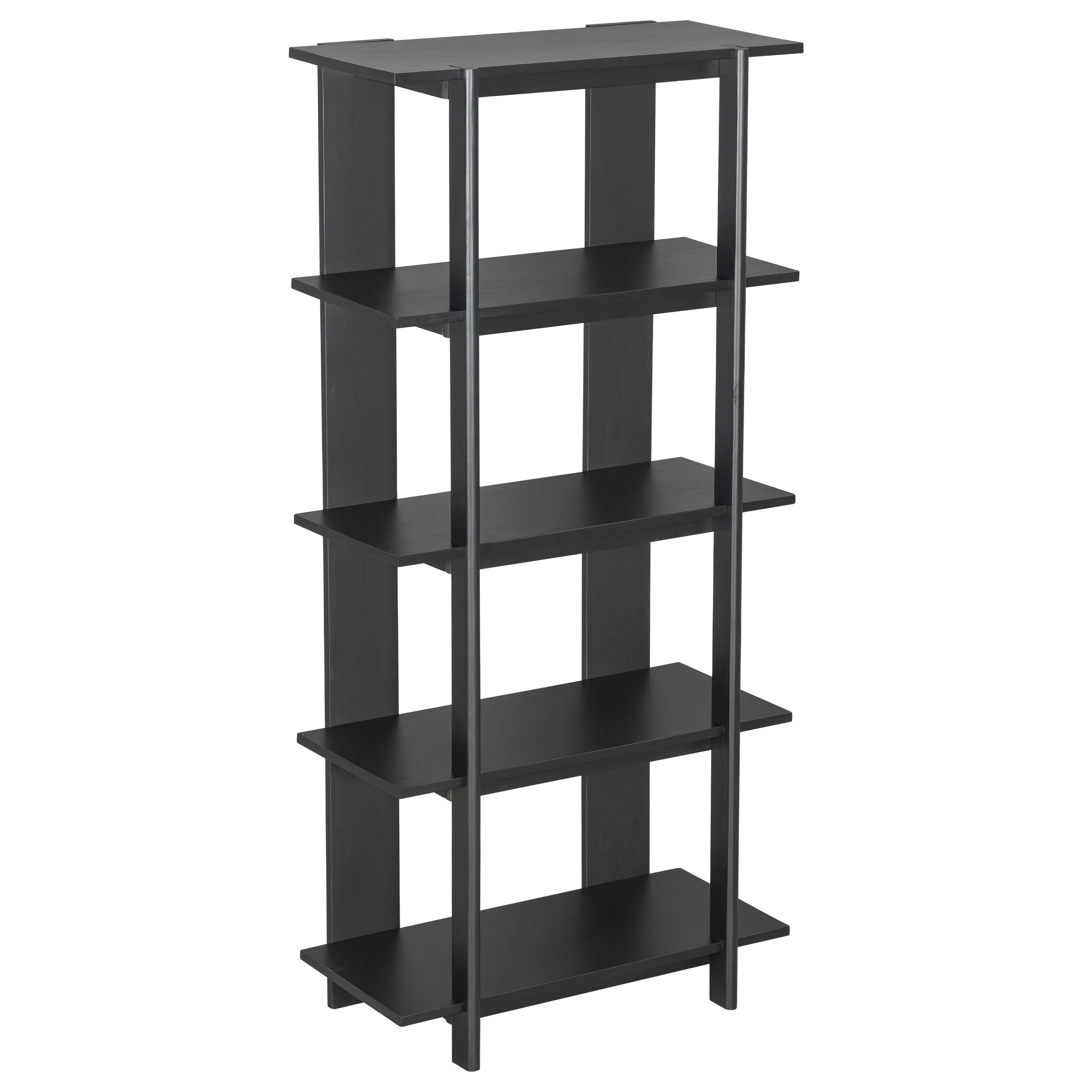 Sonnet black open bookcase showing a right angled view of the solid wood frame and open shelving