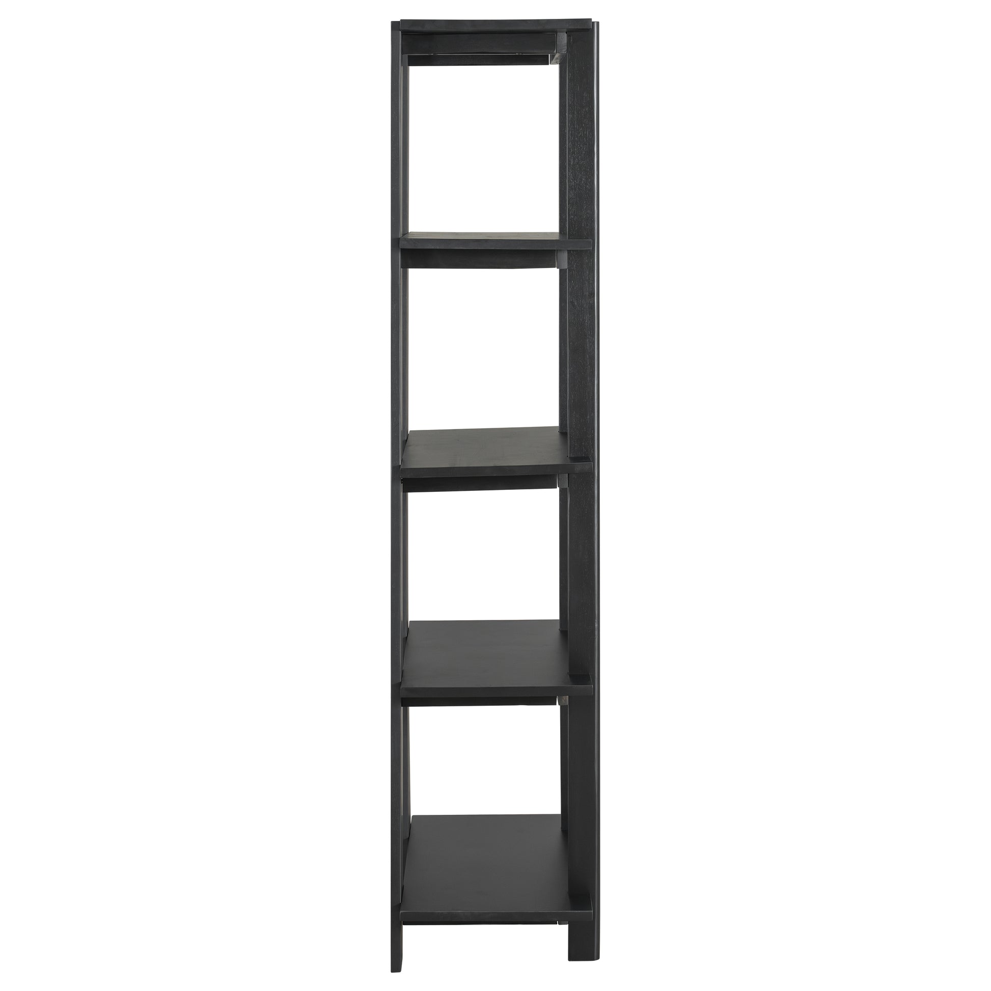Sonnet black open bookcase showing the narrow side profile with open shelves and tall vertical posts