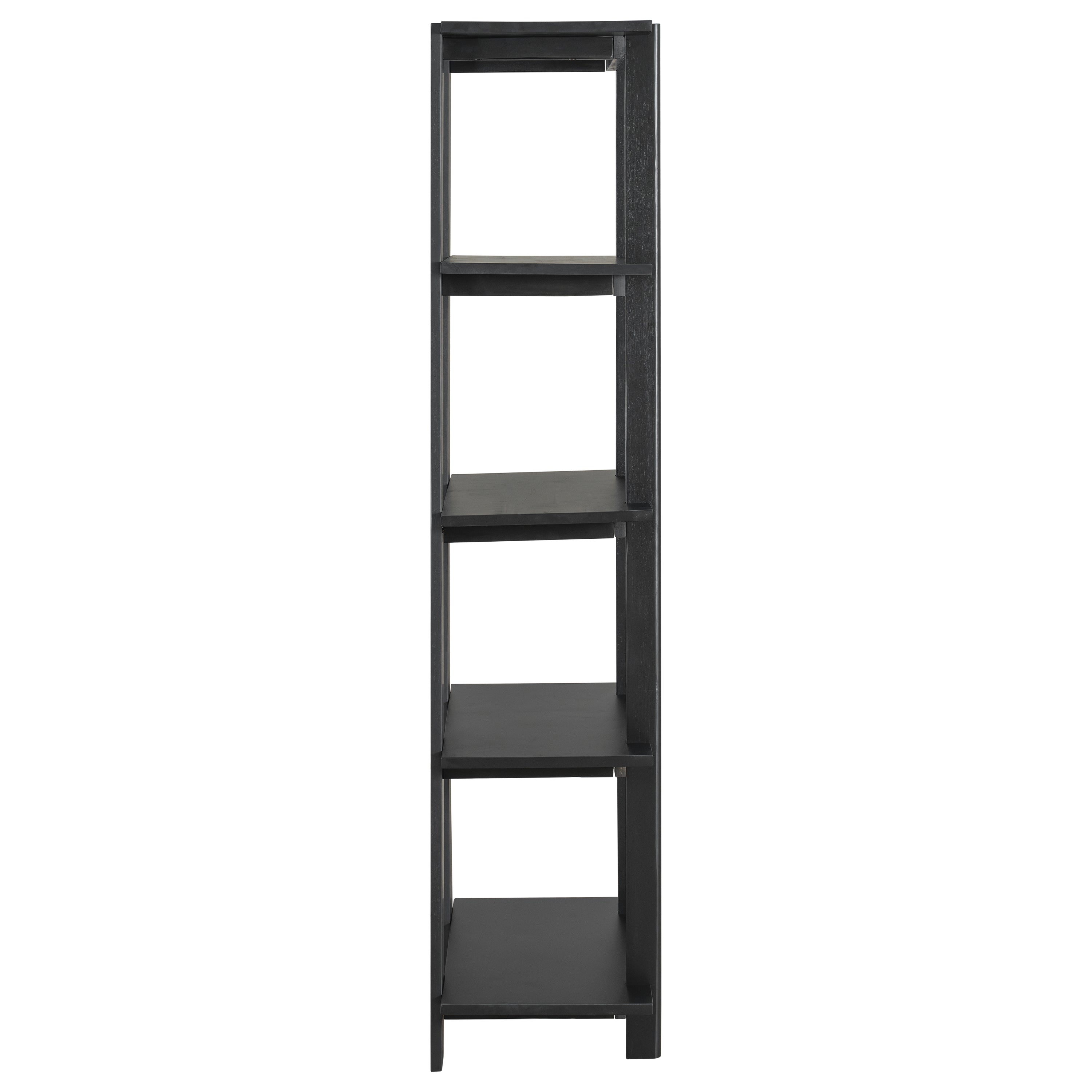 Sonnet black open bookcase showing the narrow side profile with open shelves and tall vertical posts