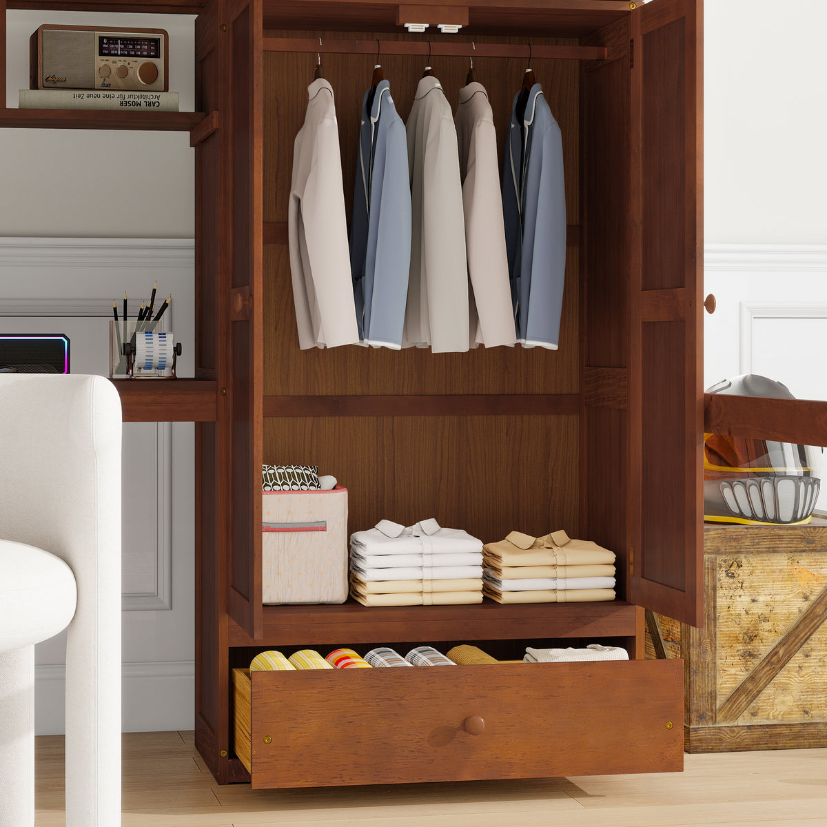 Sorrel full size solid wood loft bed in brown with close-up of the wardrobe interior and lower storage drawer