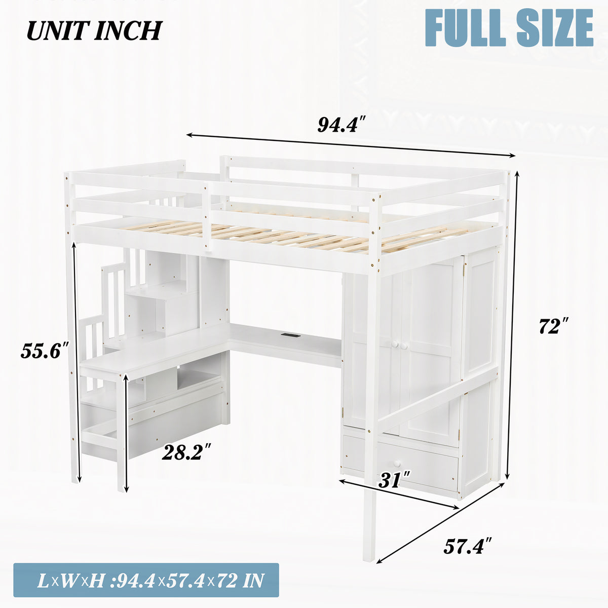 Sorrel full size solid wood loft bed with L-shaped desk, wardrobe and storage stairs showing overall product dimensions