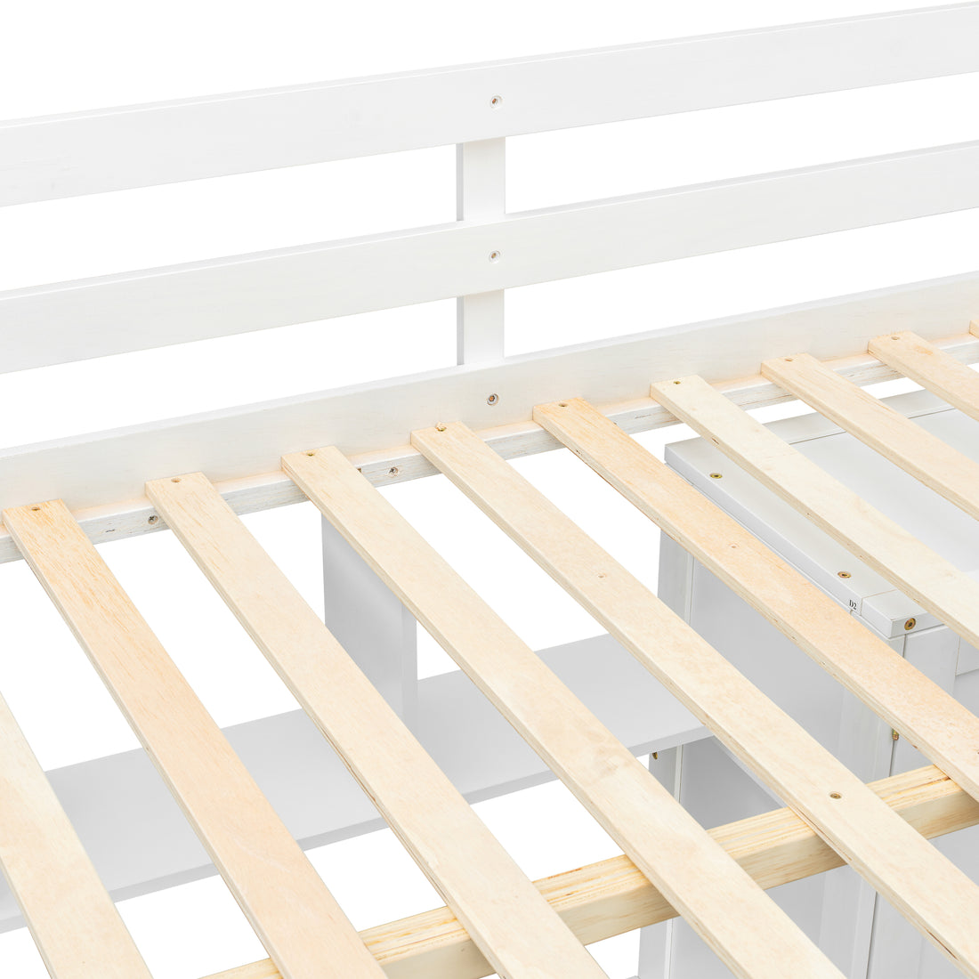 Sorrel full size solid wood loft bed in white with close-up of the wooden slat support