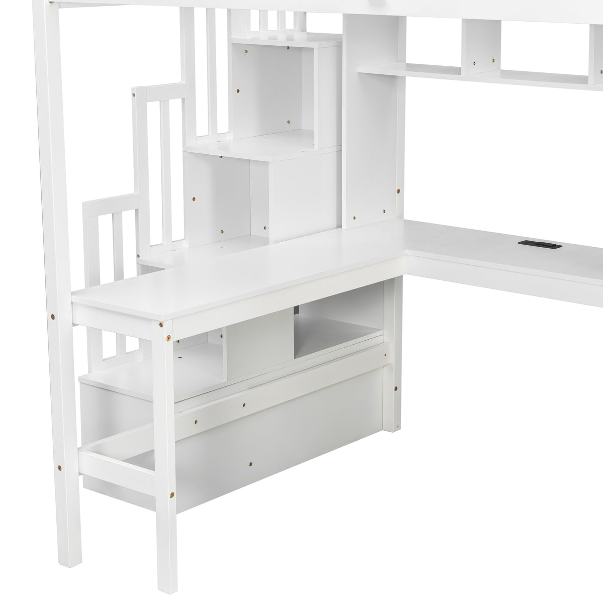 Sorrel full size solid wood loft bed in white with close-up of the desk and lower storage area