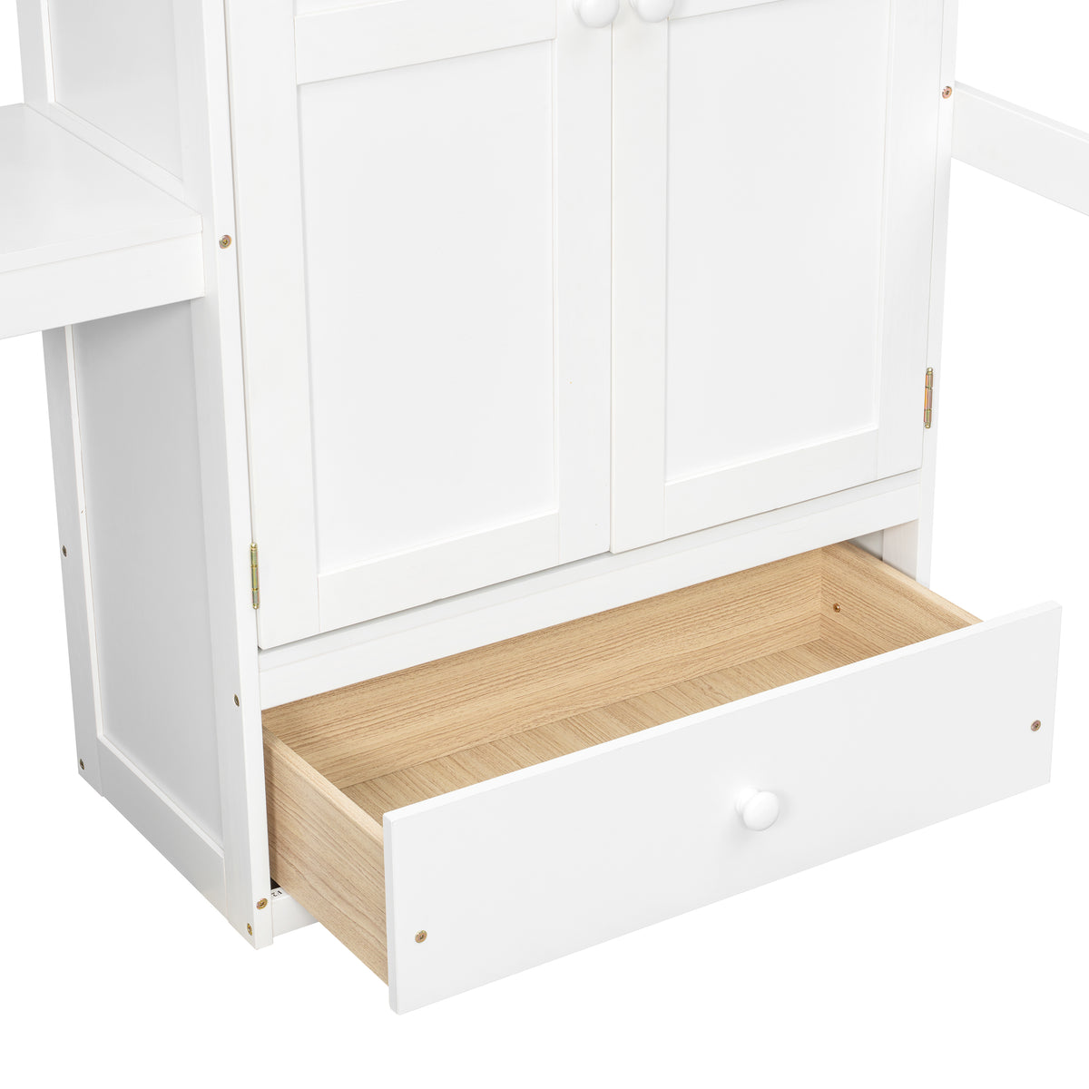 Sorrel full size solid wood loft bed in white with close-up of the pull-out storage drawer