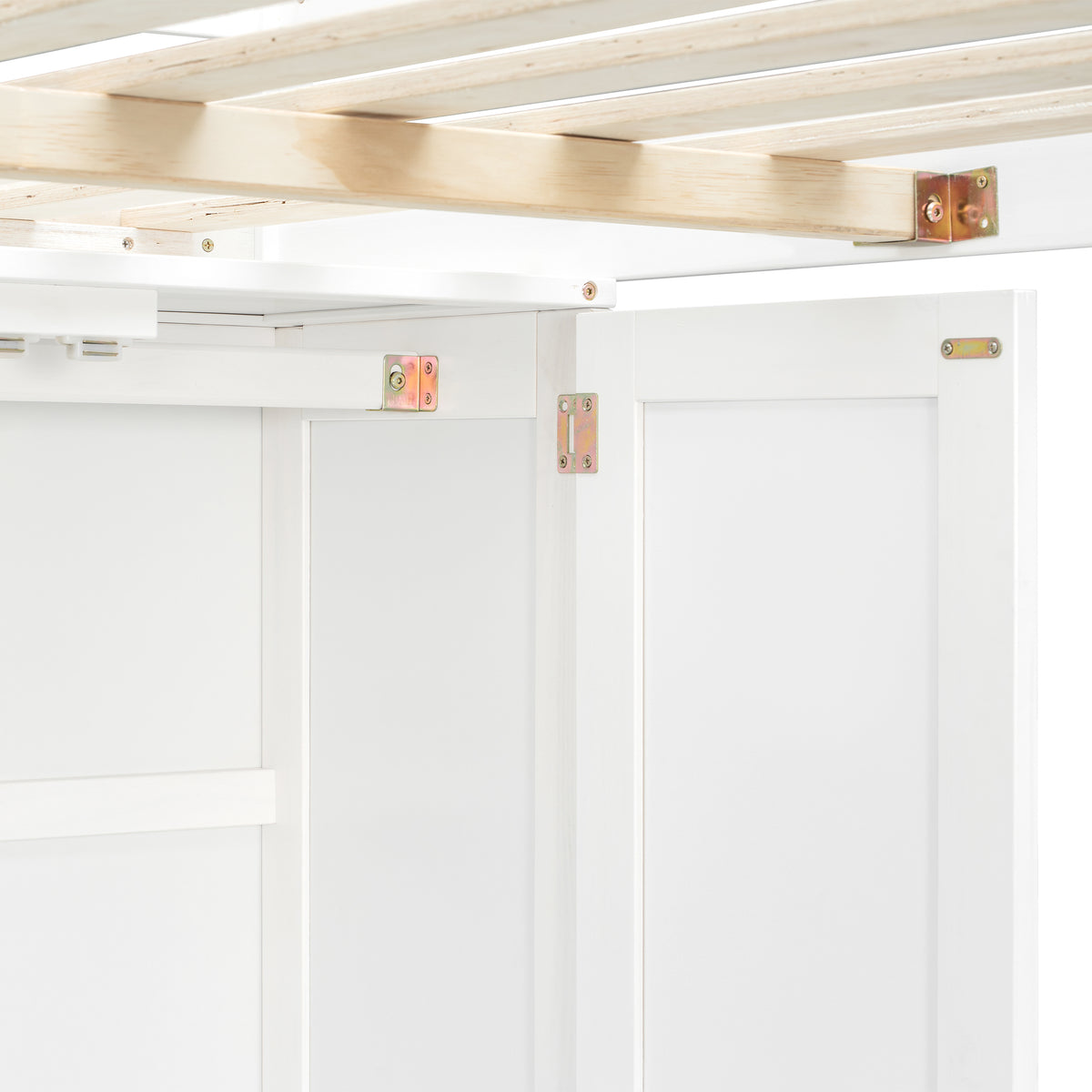 Sorrel full size solid wood loft bed in white with close-up of the upper frame and underside support