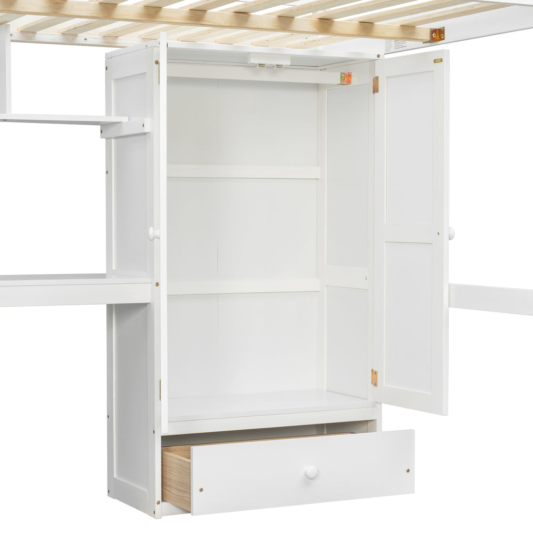 Sorrel full size solid wood loft bed in white with close-up of the wardrobe interior and storage compartment