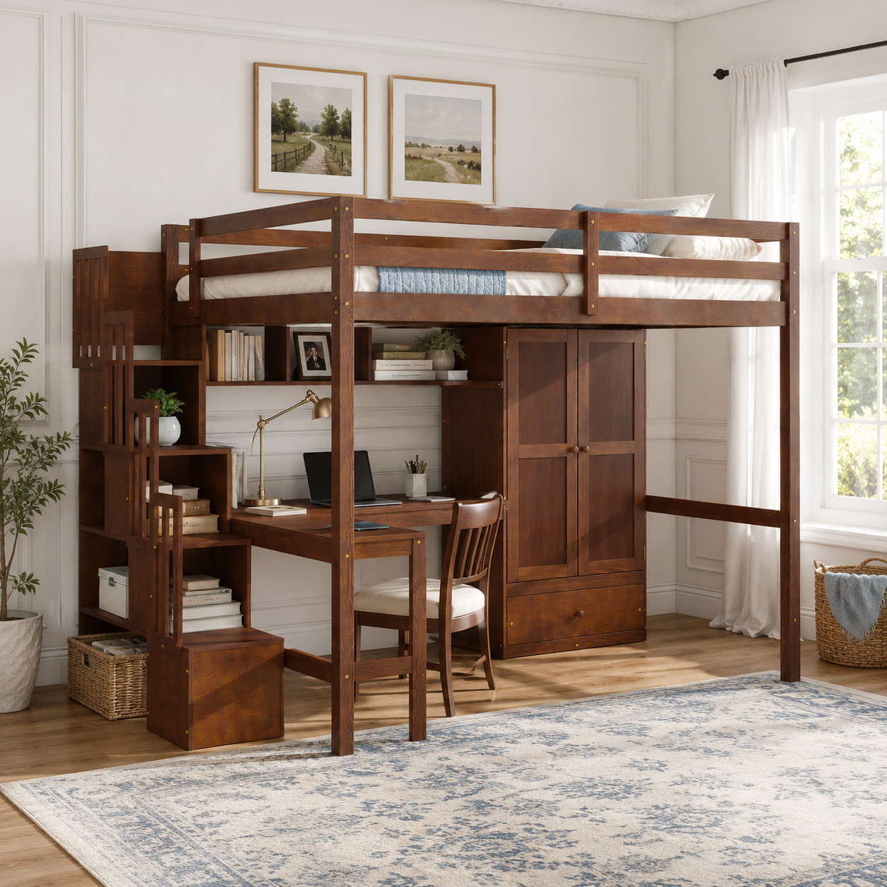 Sorrel brown loft bed showing a full room view with L-shaped desk wardrobe and storage stairs