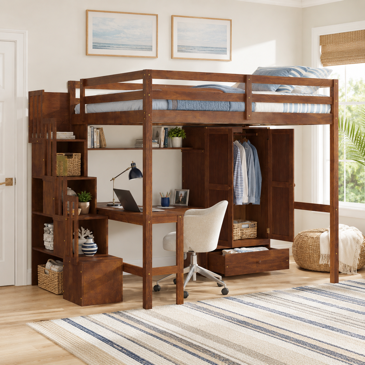 Sorrel brown loft bed showing a bedroom setup with desk shelving and wardrobe storage