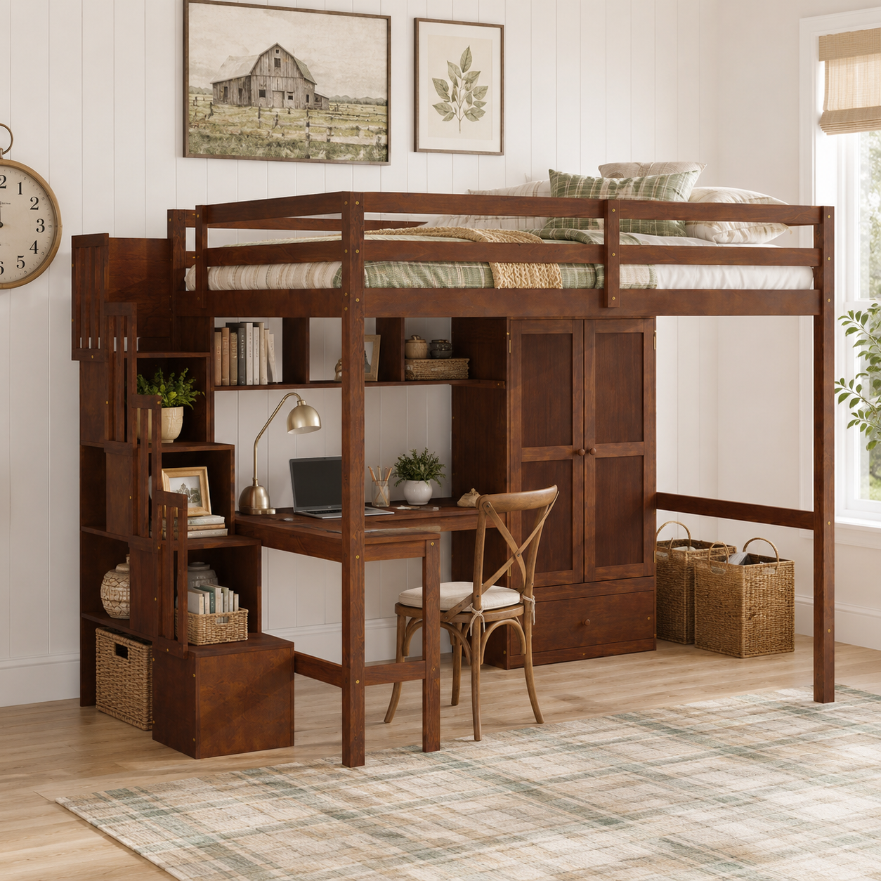 Sorrel brown loft bed showing a front room view with desk chair wardrobe and stairs