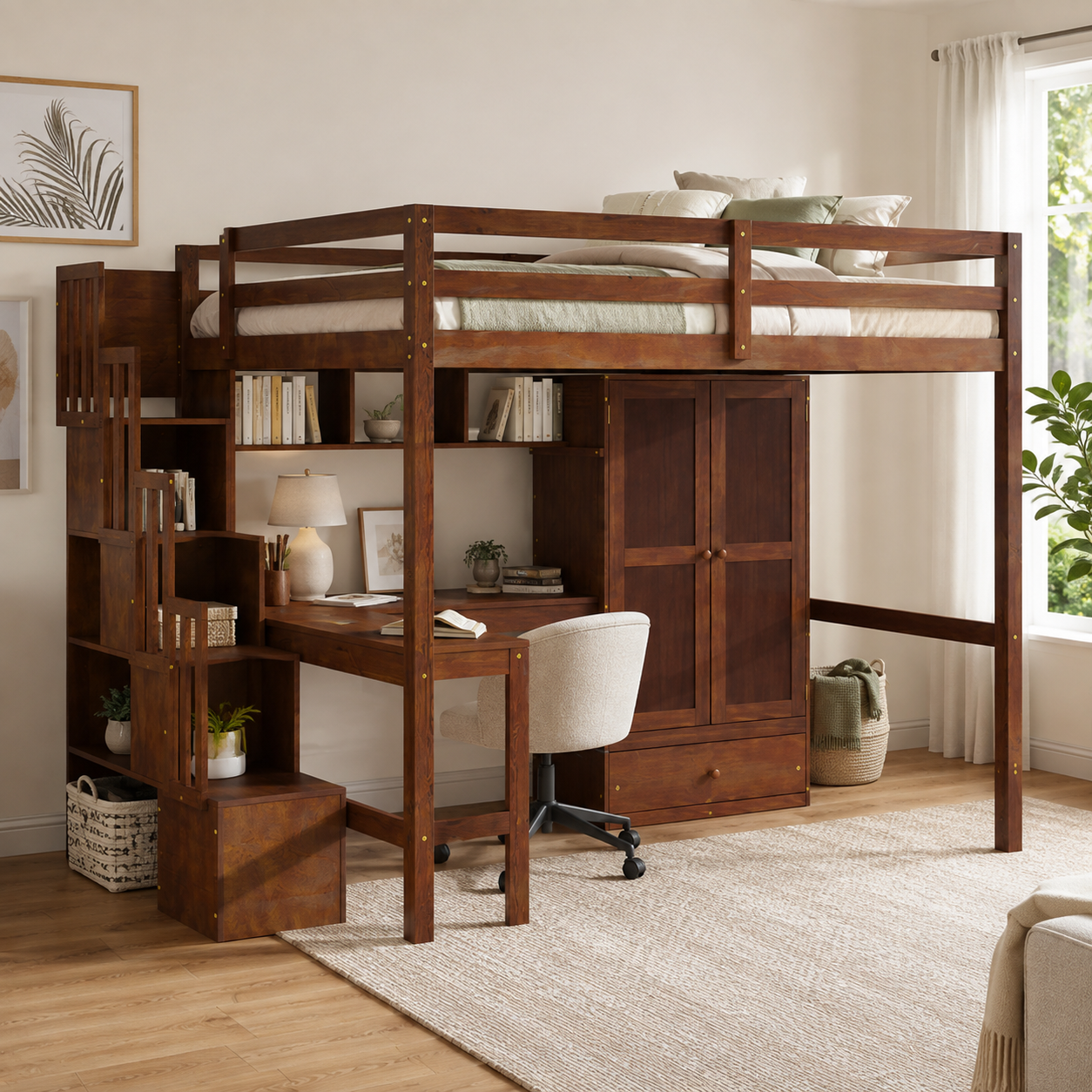 Sorrel brown loft bed showing an angled bedroom view with underbed desk and storage stairs