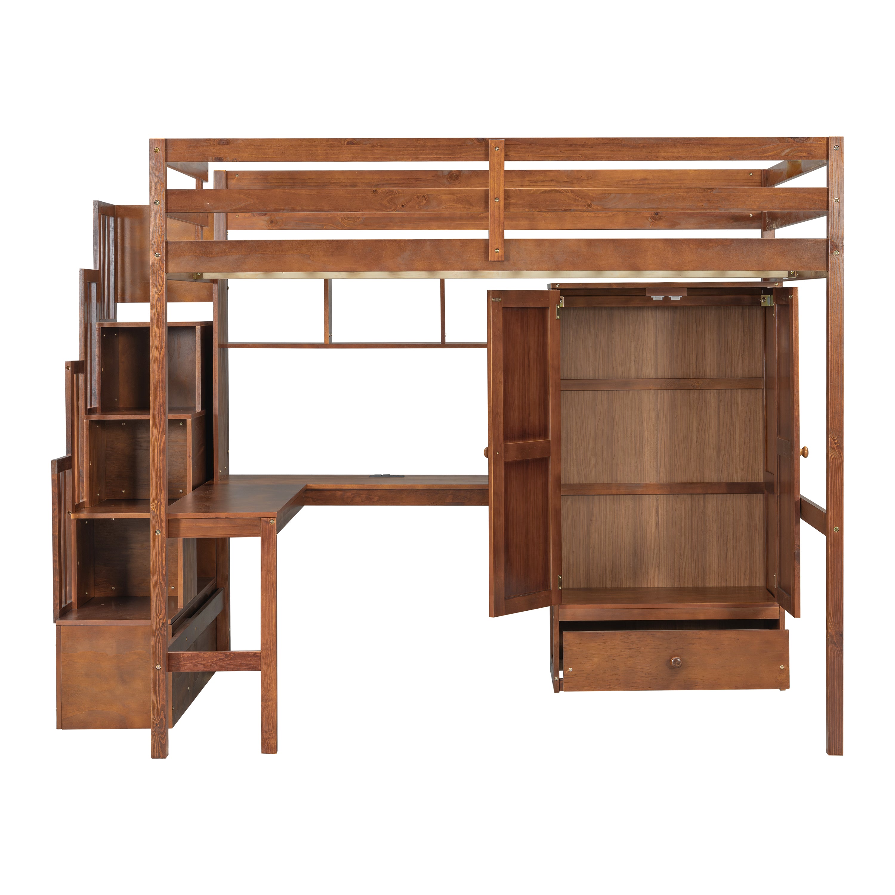 Sorrel brown loft bed showing an angled front view with L-shaped desk wardrobe and storage stairs
