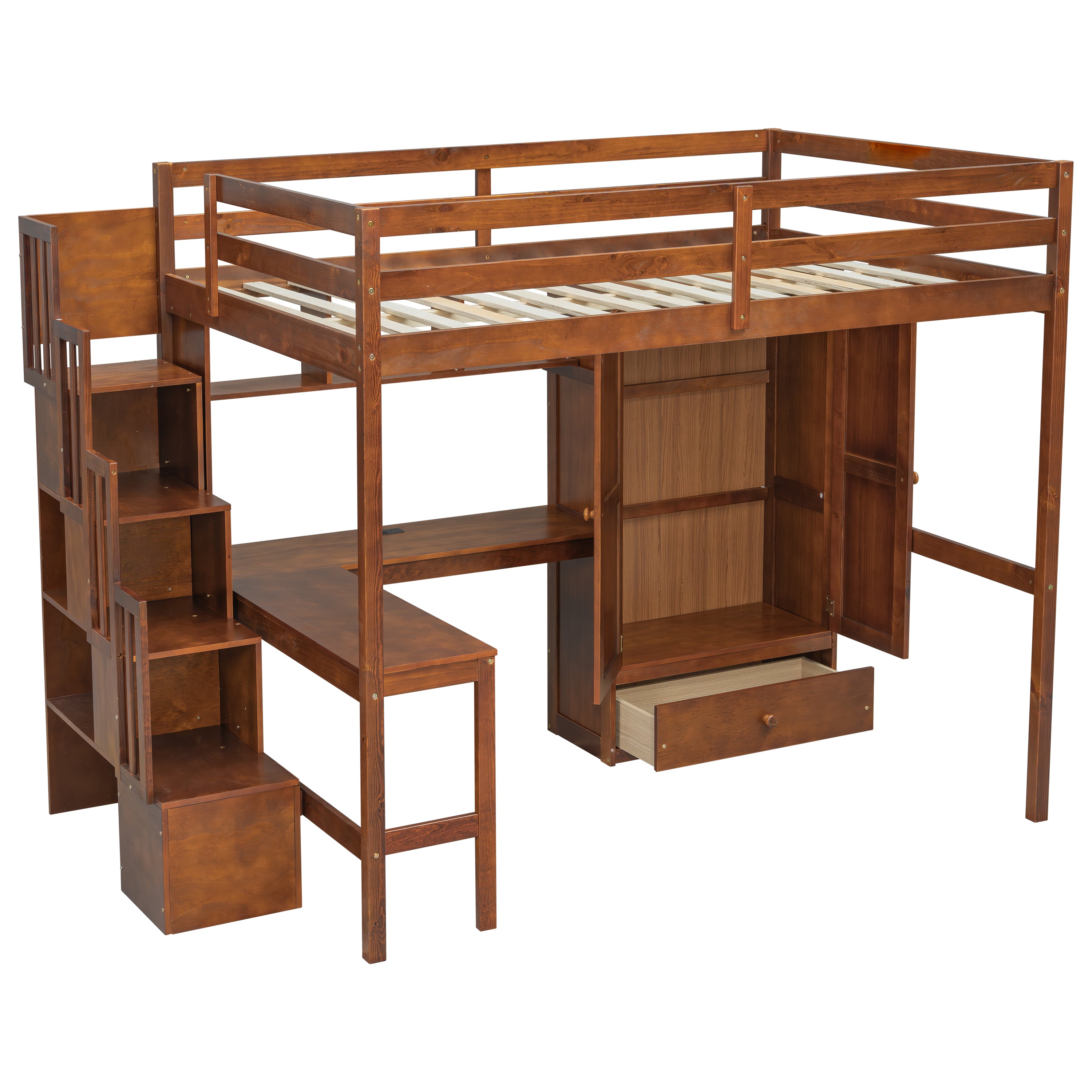 Sorrel brown loft bed showing a right-side view with desk wardrobe and staircase storage