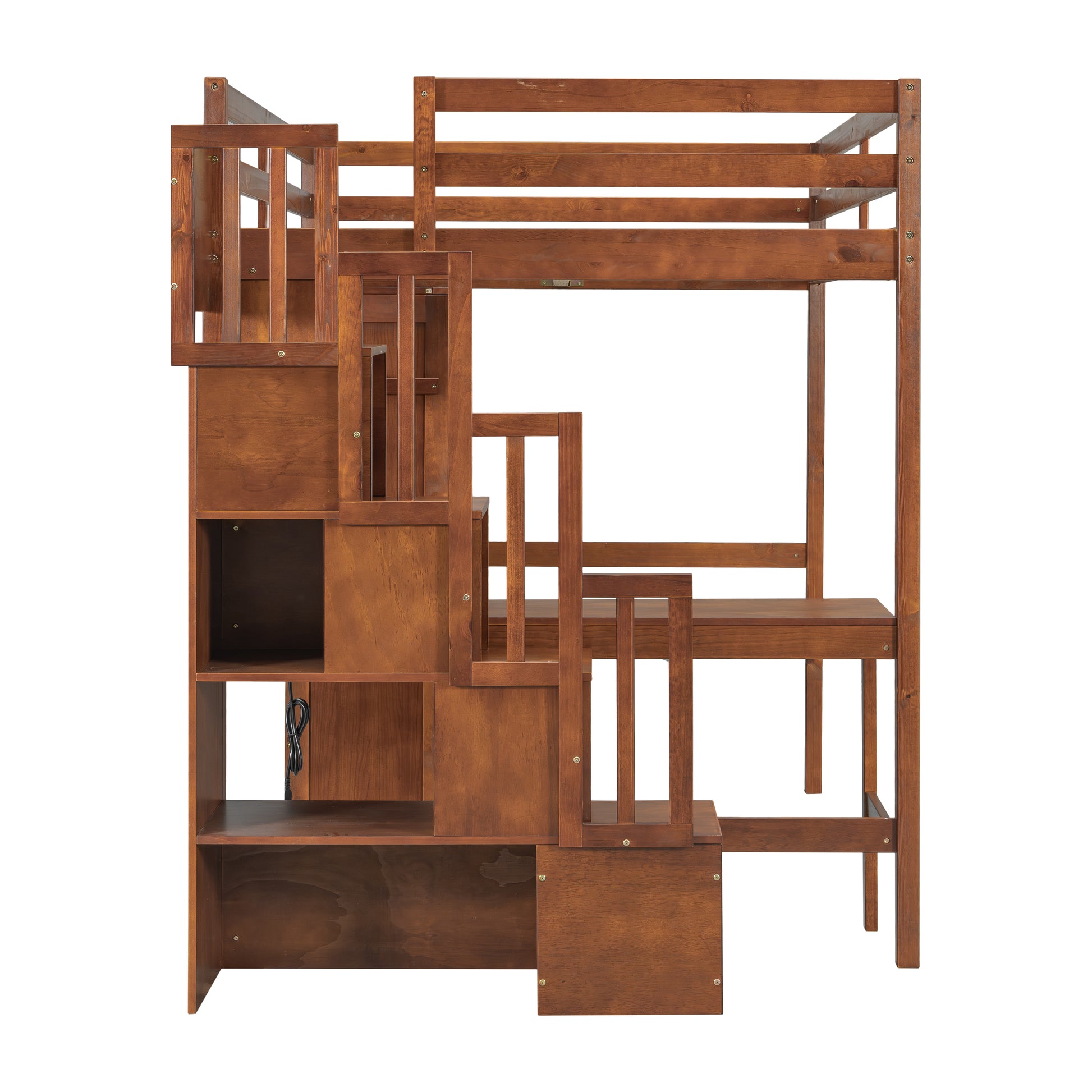 Sorrel brown loft bed showing a left-side view with desk panels wardrobe and stairs