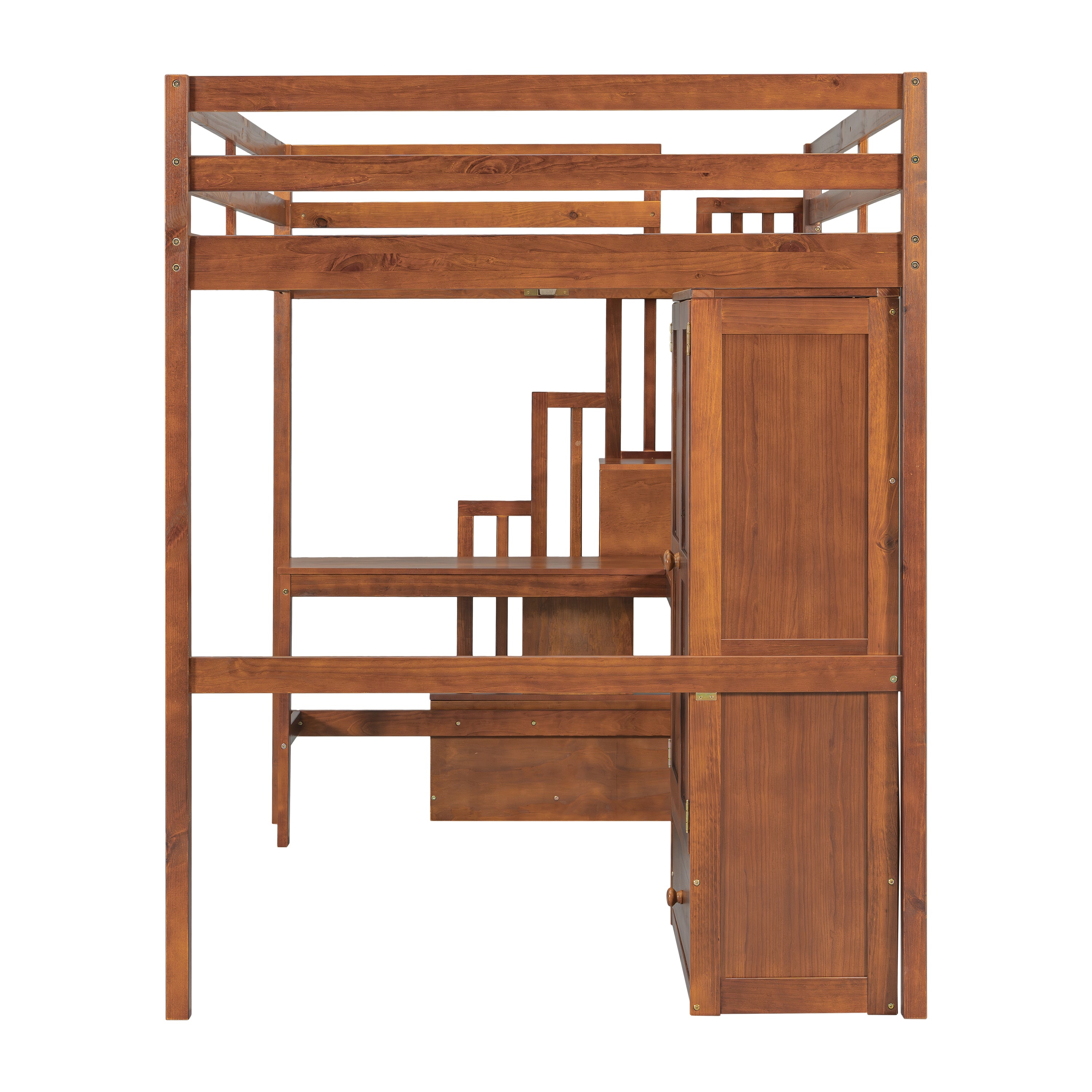 Sorrel brown loft bed showing the rear angled view with upper bed frame and lower storage areas