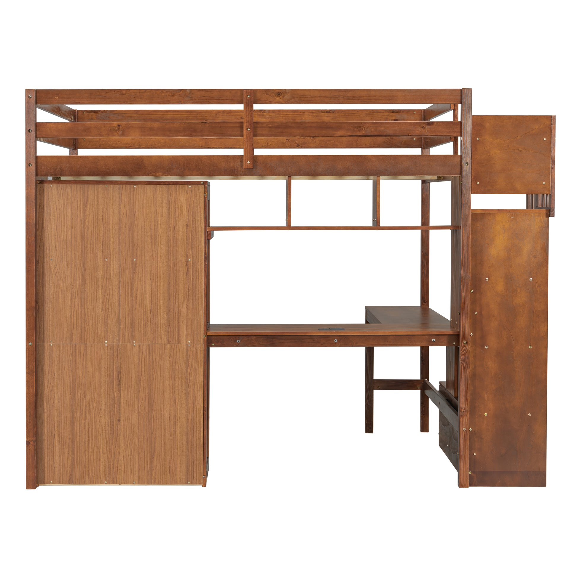 Sorrel brown loft bed showing the rear angled view with upper bed frame and lower storage areas