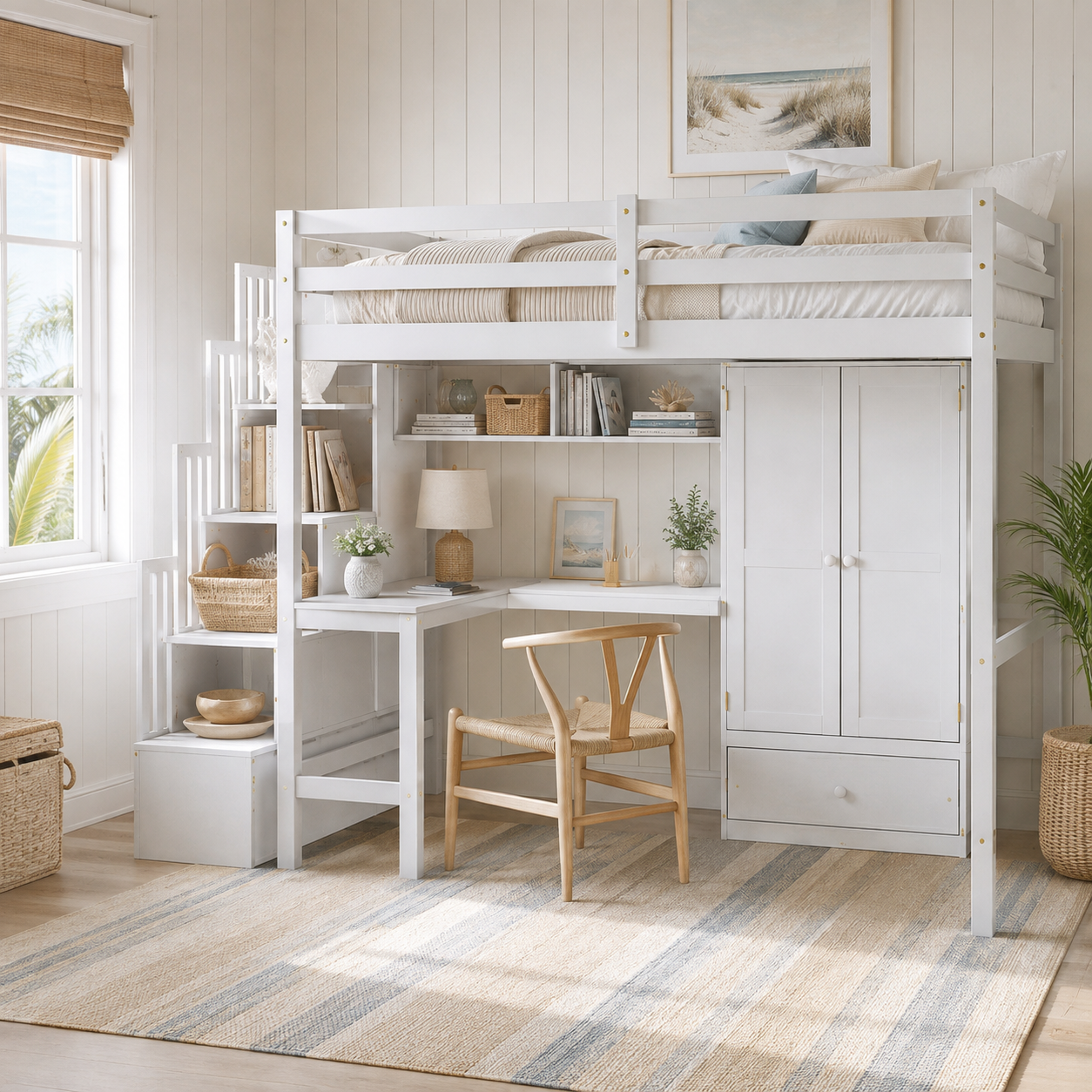 Sorrel white loft bed showing a full room view with L-shaped desk wardrobe and storage stairs