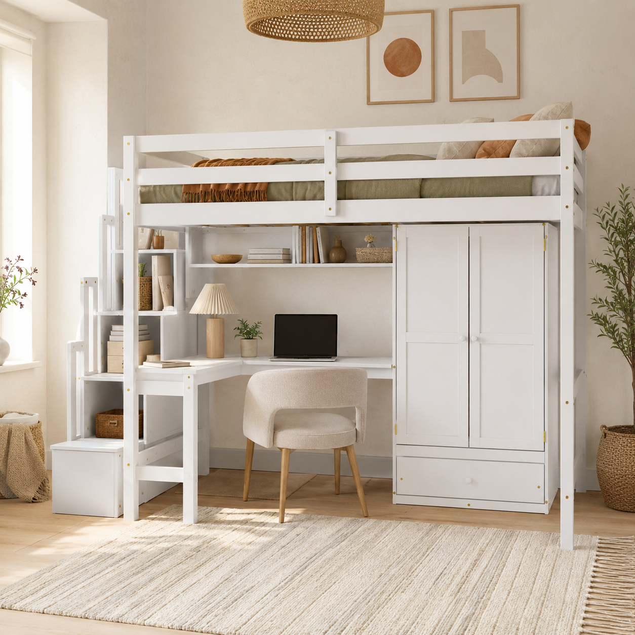 Sorrel white loft bed showing a bright bedroom setup with desk shelving and underbed workspace