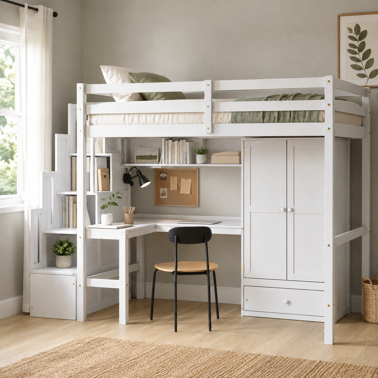 Sorrel white loft bed showing the loft bed with desk and wardrobe in a sunlit room