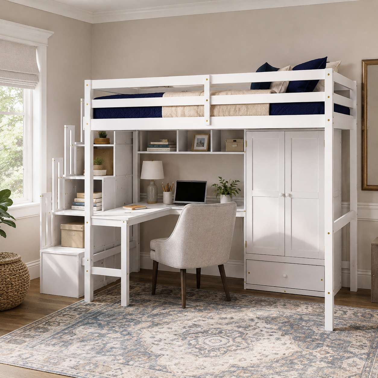 Sorrel white loft bed showing a side room view with storage stairs desk and wardrobe